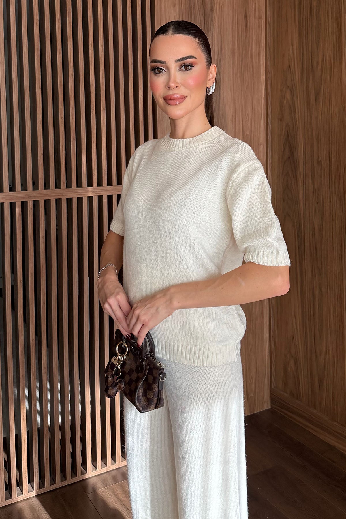 Kadın Pantolonlu Triko Takım Ekru