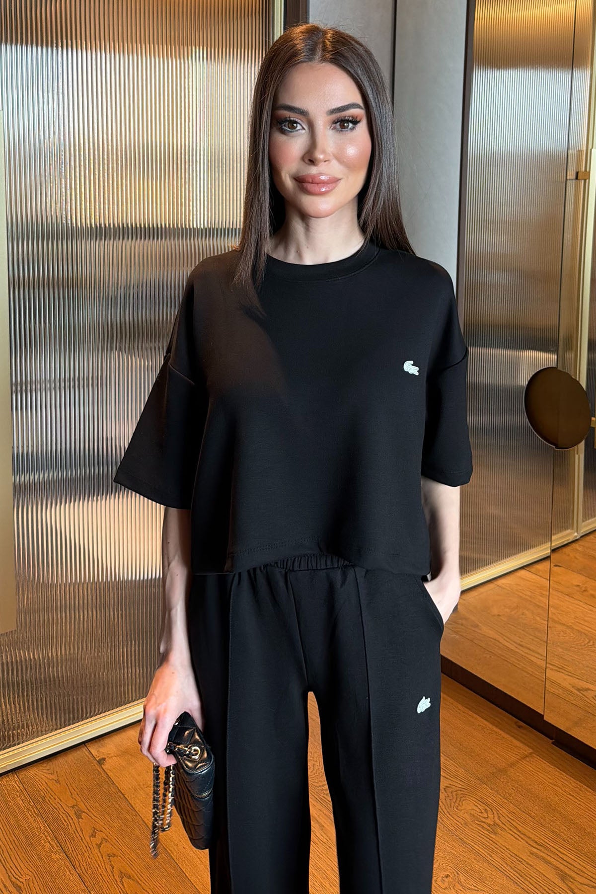 Kadın Nervür Detaylı İkili Rahat Takım Siyah