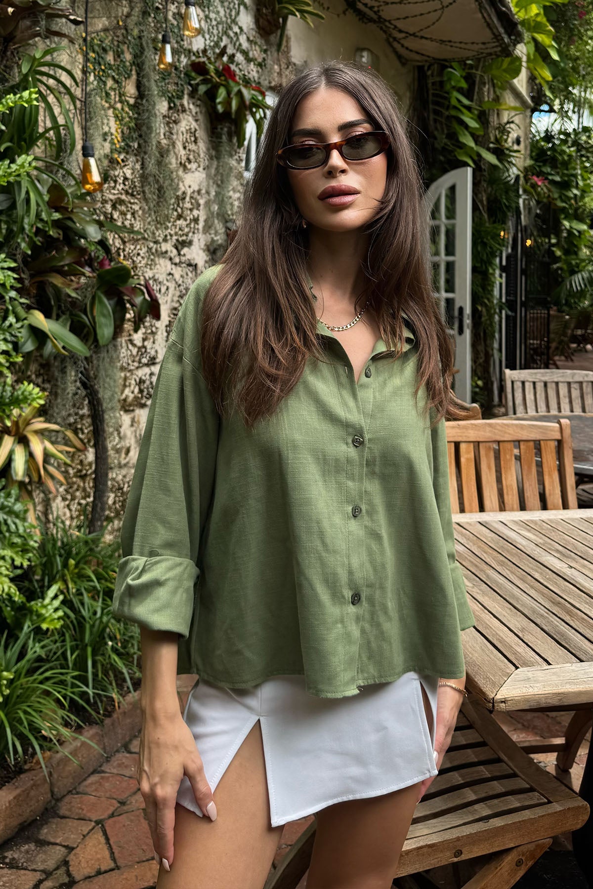 Kadın Organik Pamuk Oversize Kısa Gömlek Yeşil