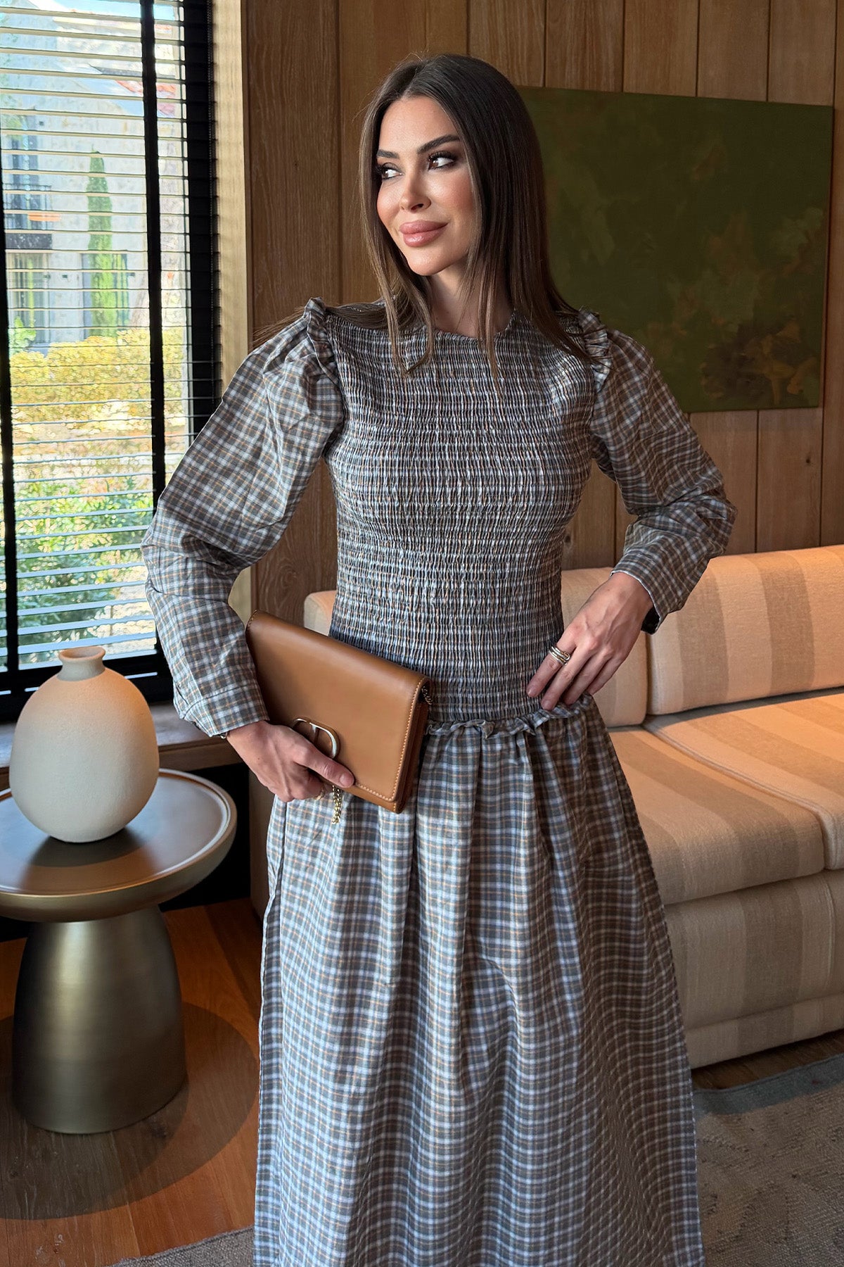 Kadın Gipe Detaylı Maksi Elbise Açık Haki