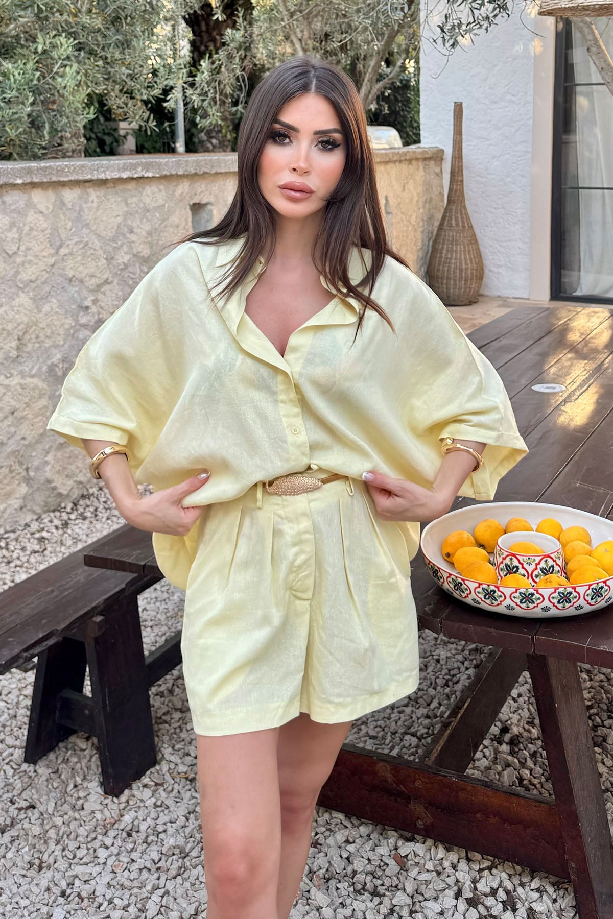 Kadın İkili Keten Takım Sarı