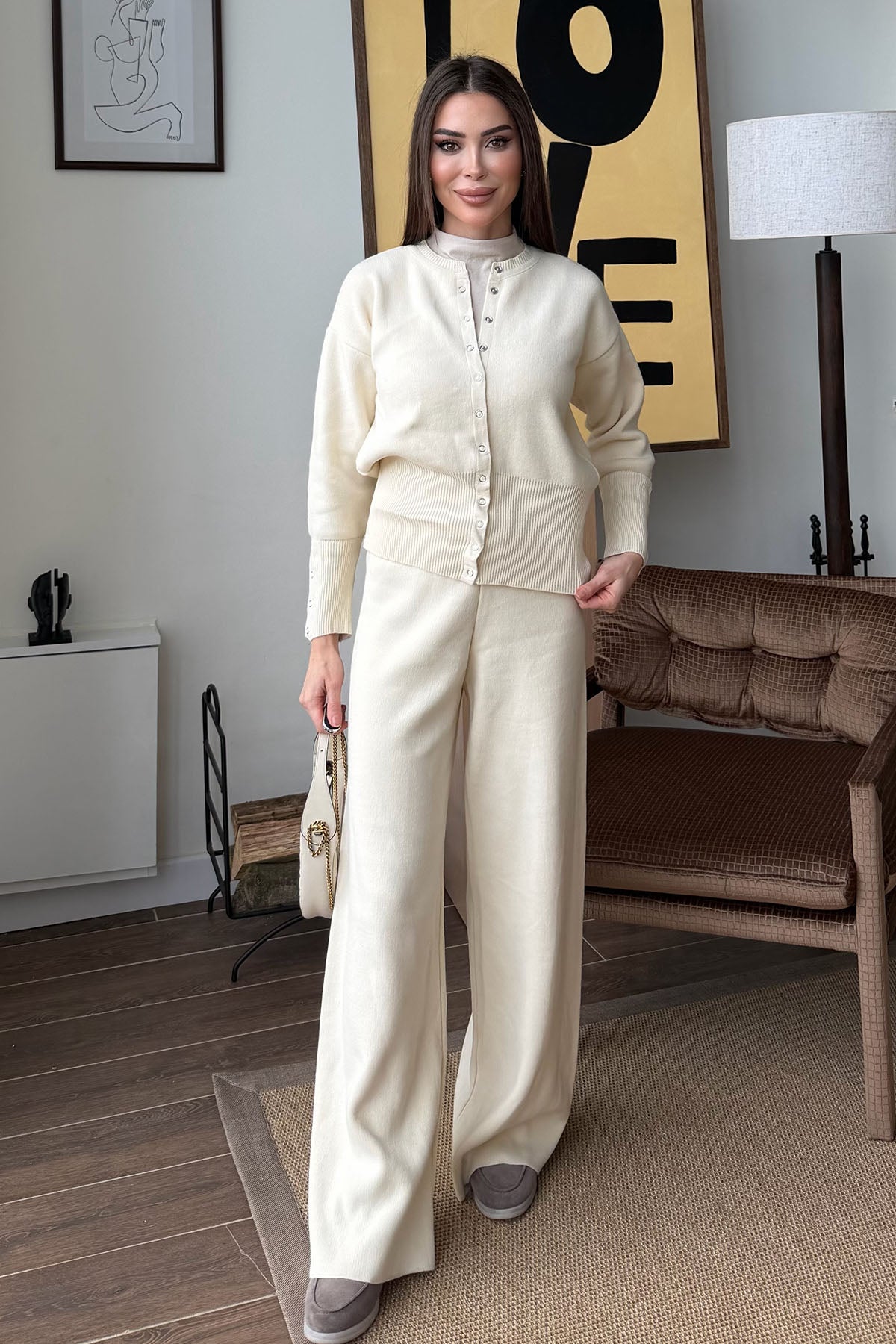 Kadın Çıtçıtlı Triko Takım Ekru