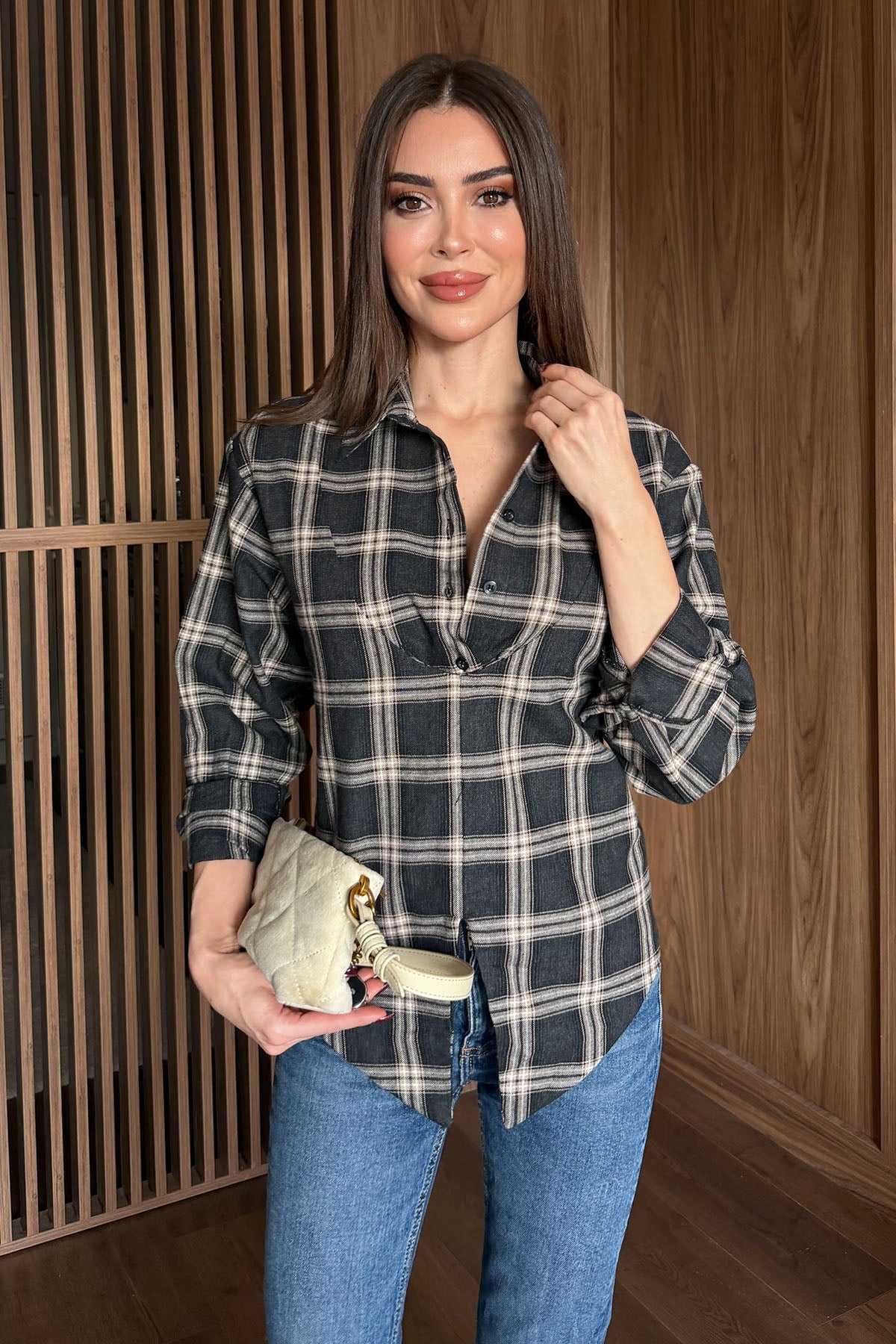 Kadın Ekose Desen Bağlamalı Gömlek Antrasit