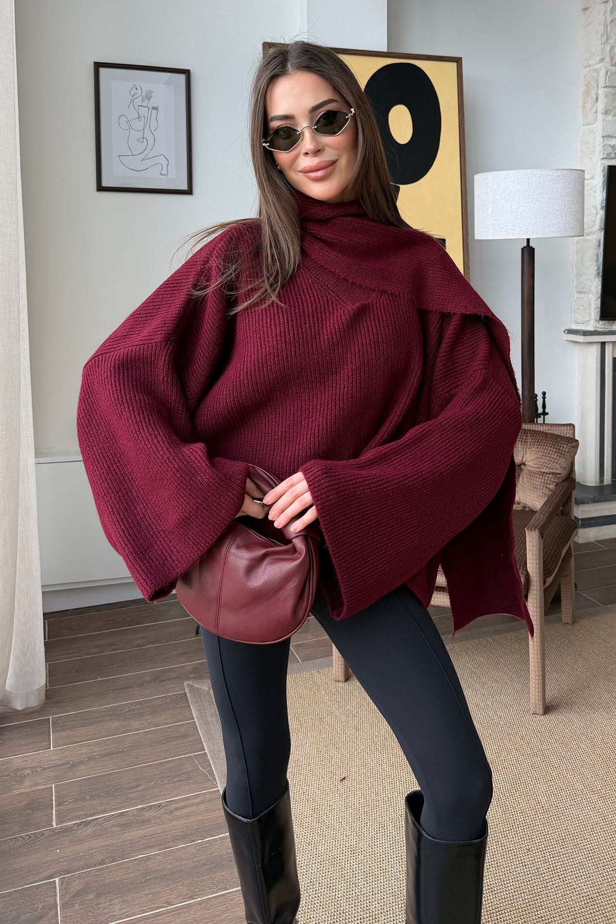 Kadın Atkılı Kazak Bordo