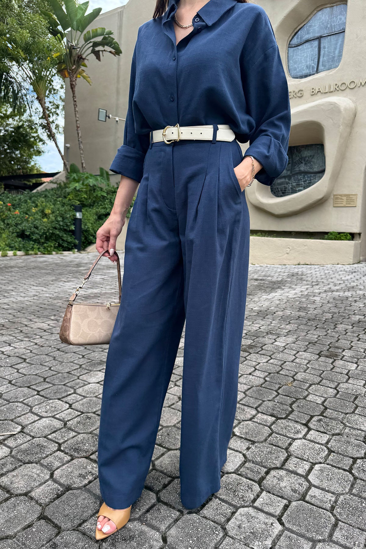 Kadın Organik Pamuk Pileli Palazzo Pantolon Lacivert