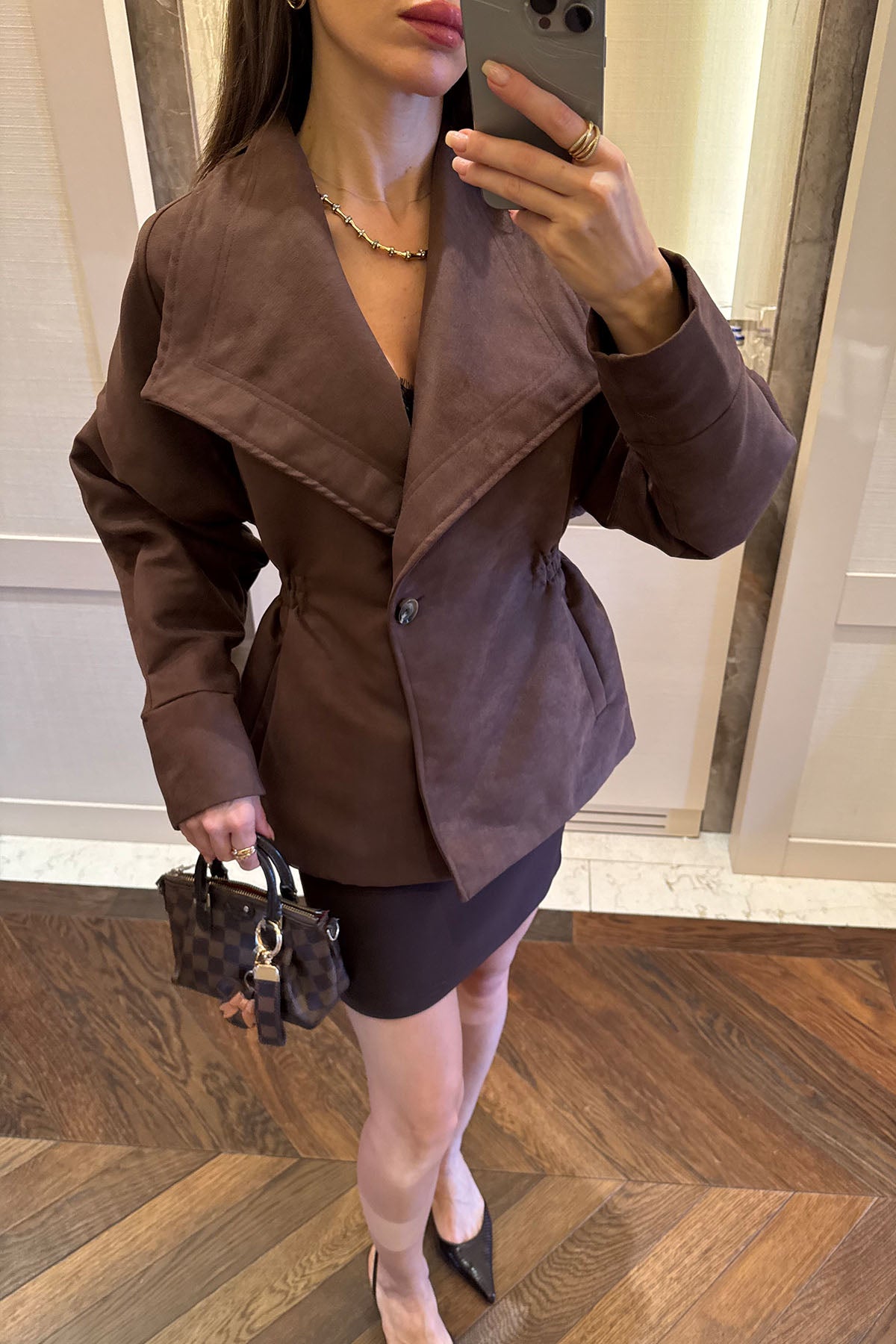 Kadın Süet Bel Büzgülü Ceket Kahverengi