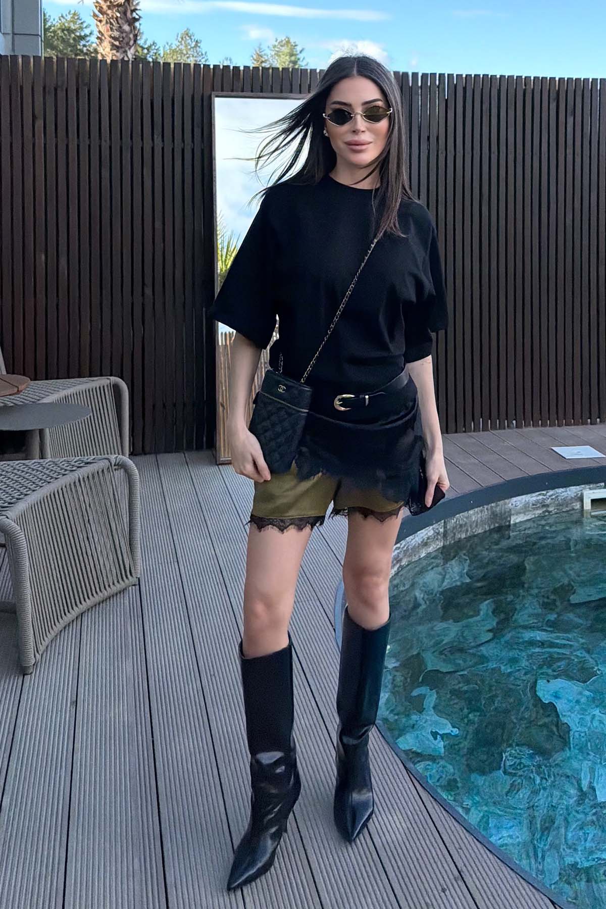 Kadın Oversize Dantel Tişört Siyah