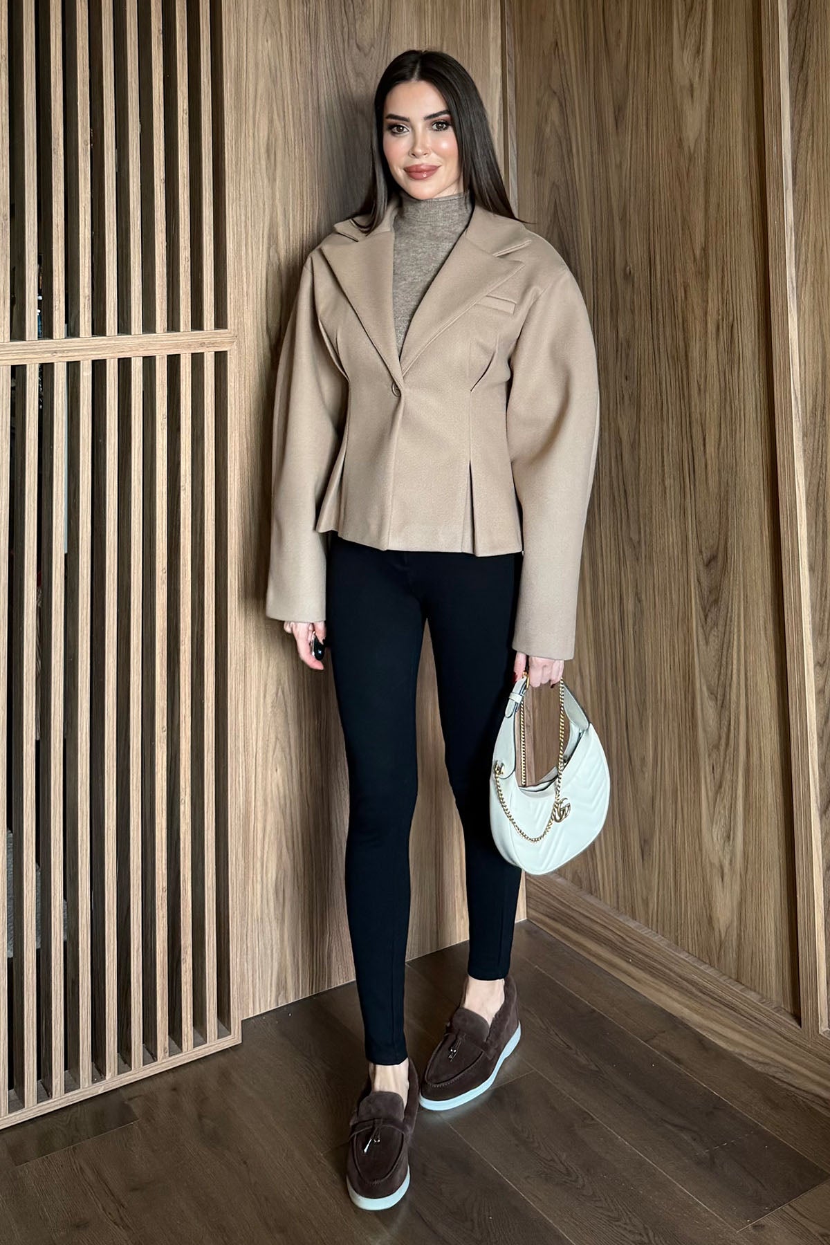 Kadın Bel Detaylı Kaşe Kaban Bej