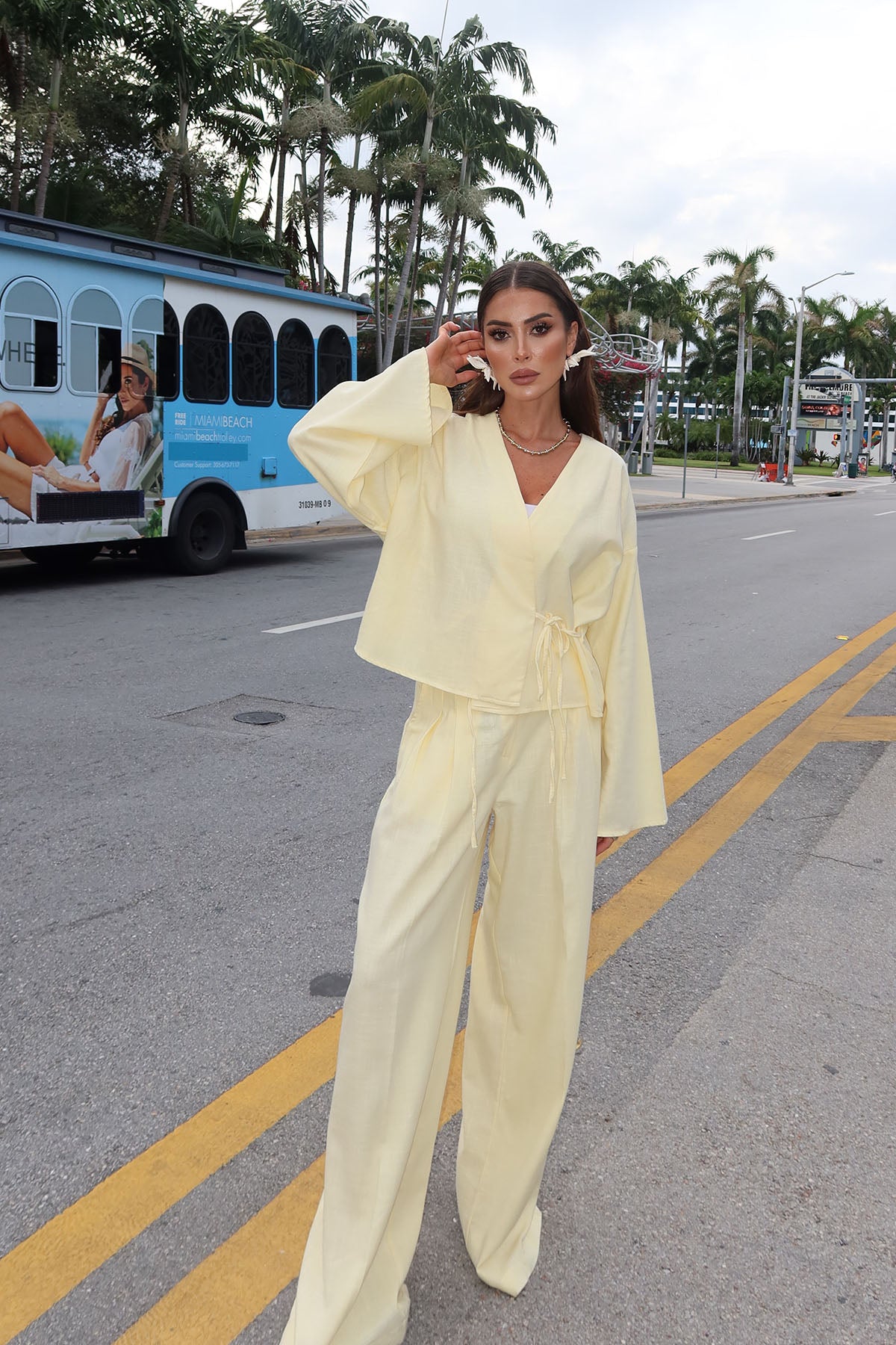 Kadın Organik Pamuk Pileli Palazzo Pantolon Tereyağı