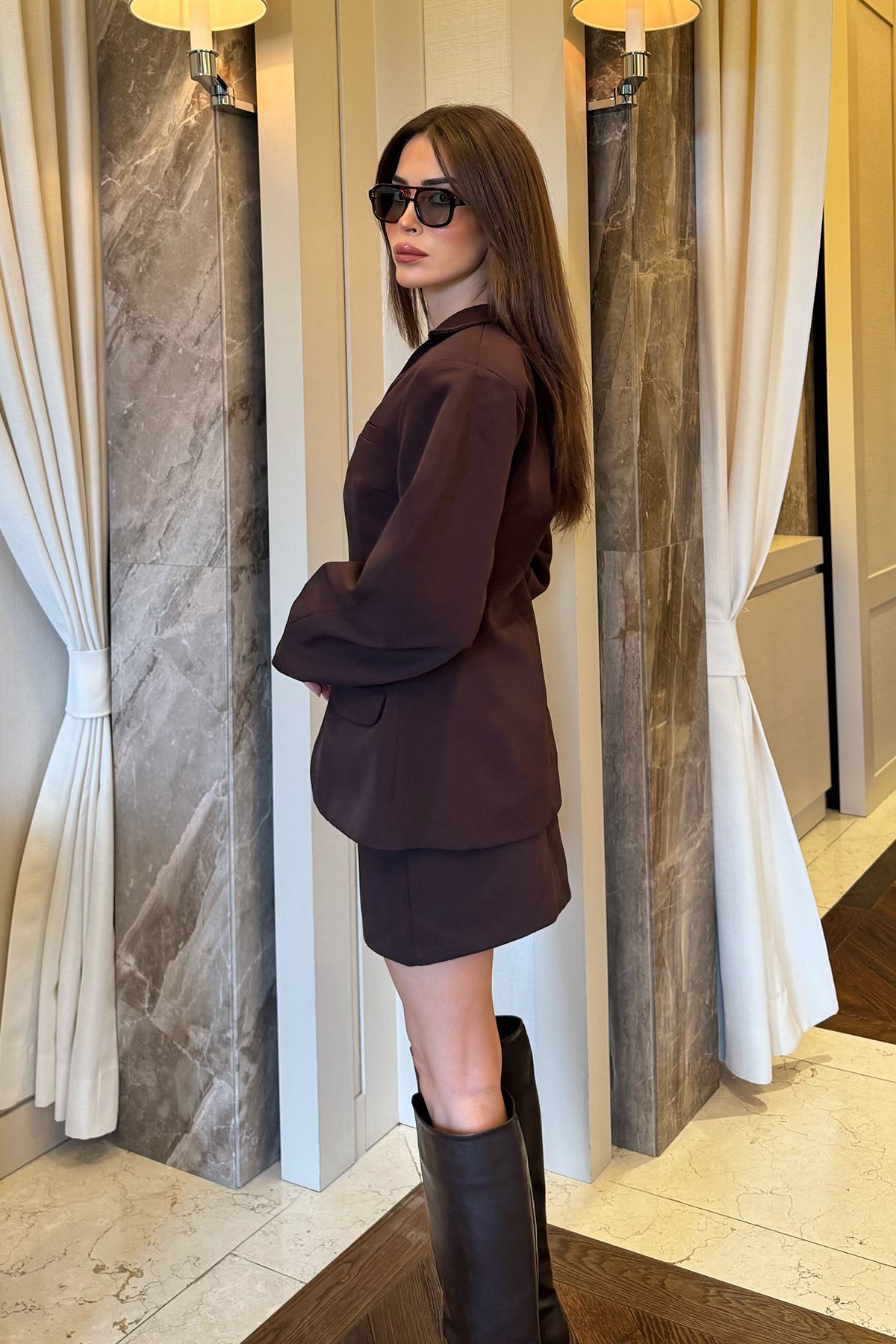 Kadın Blazer Etekli Takım Kahverengi