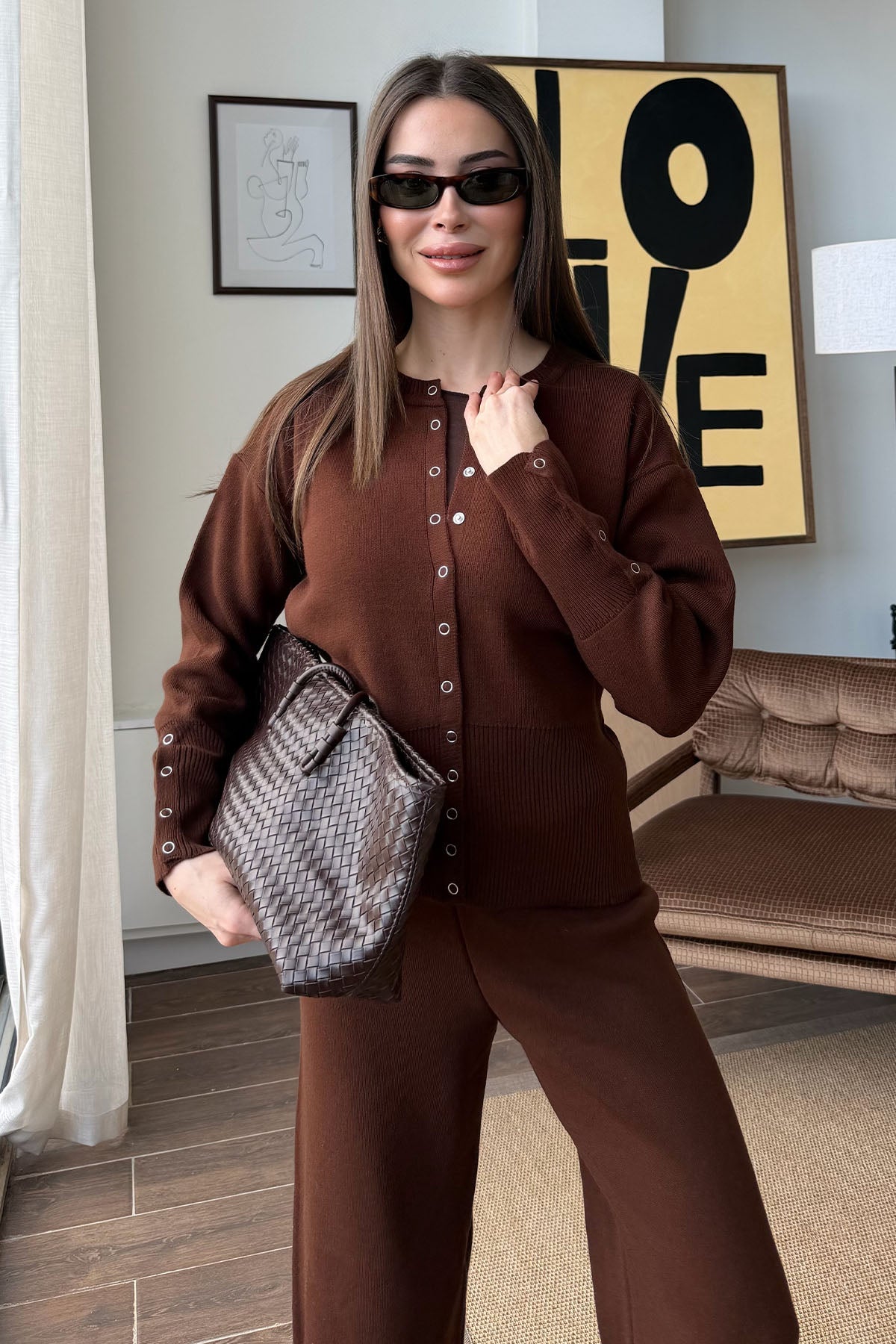 Kadın Çıtçıtlı Triko Takım Acı Kahve