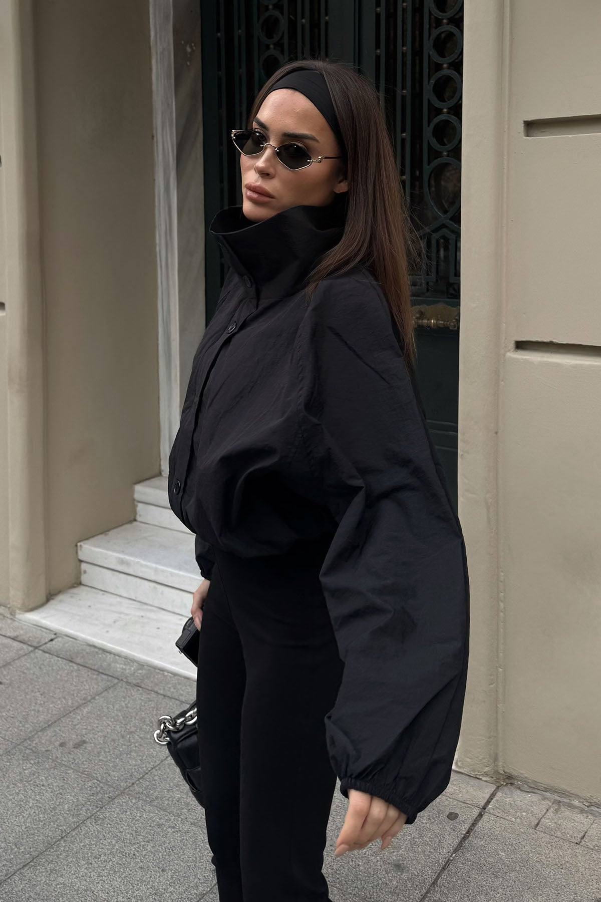 Kadın Dik Yaka Yağmurluk Siyah