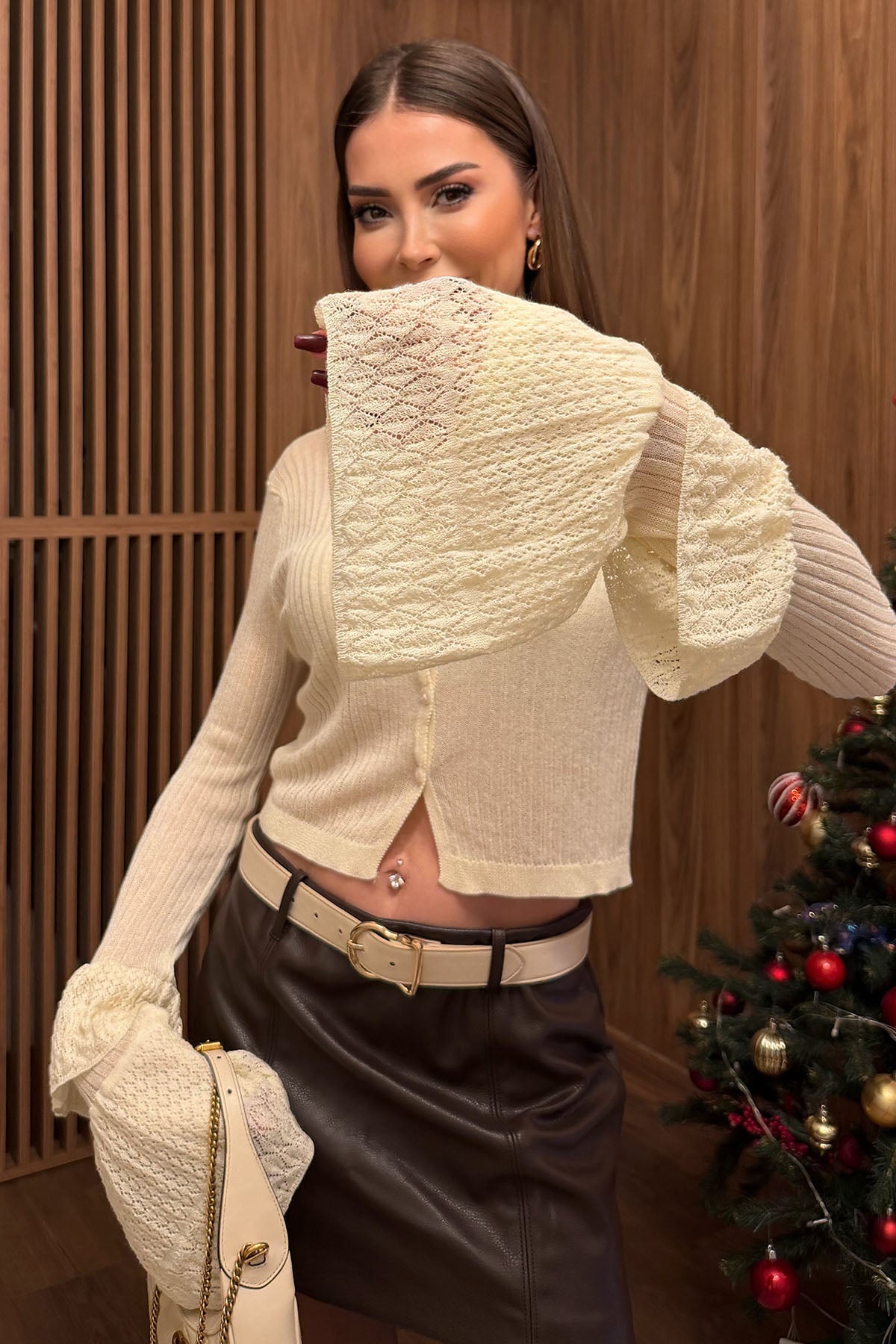 Kadın Kol Detaylı Transparan Hırka Krem