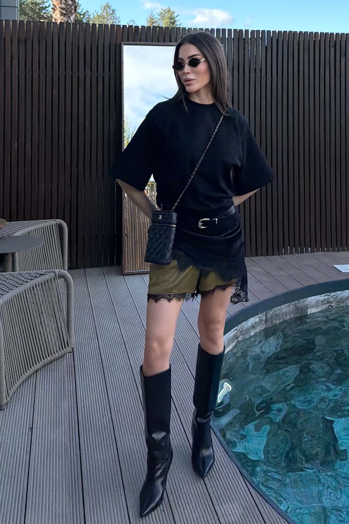 Kadın Oversize Dantel Tişört Siyah