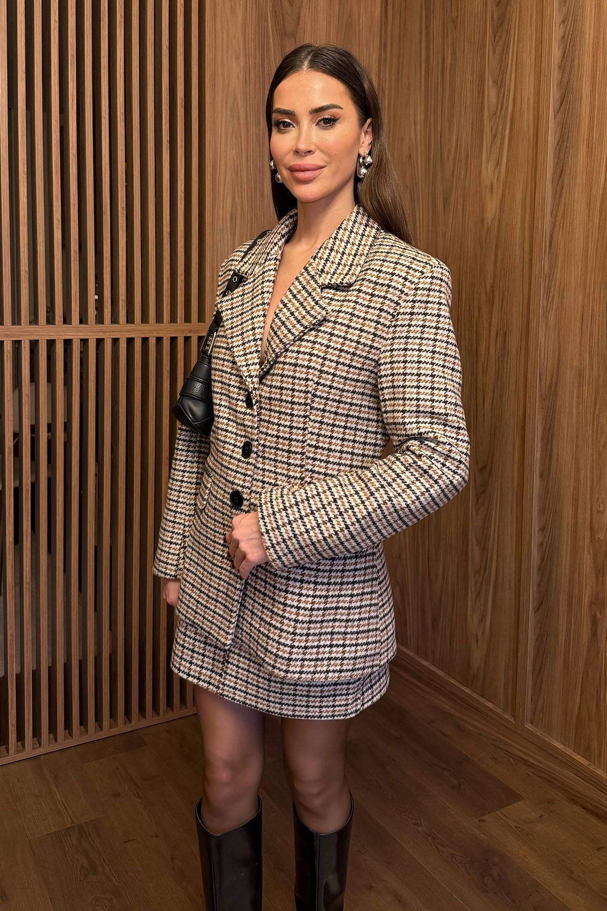 Kadın Ekose Desen Blazer Etekli Takım Ekru
