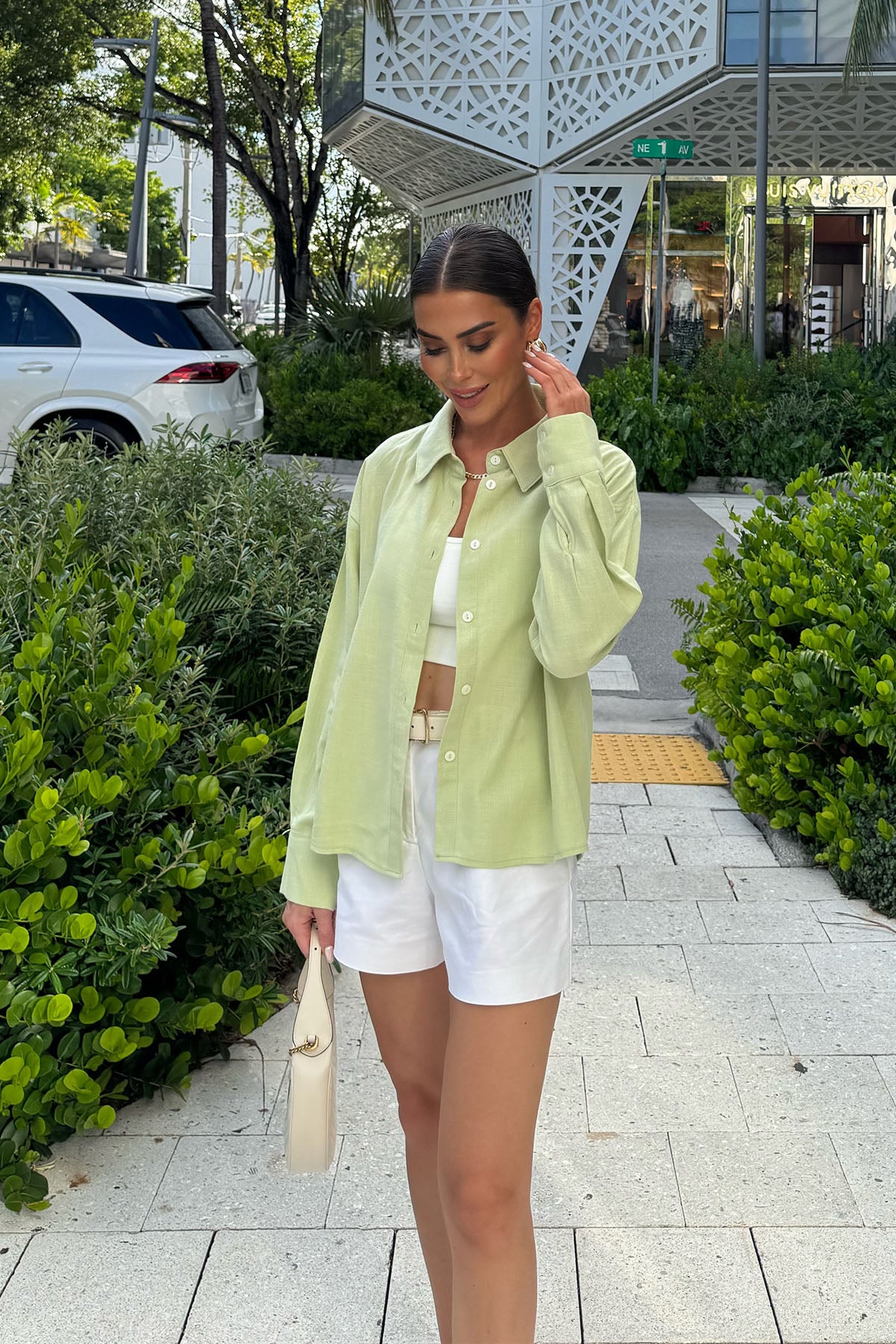 Kadın Organik Pamuk Oversize Kısa Gömlek Uçuk Yeşil