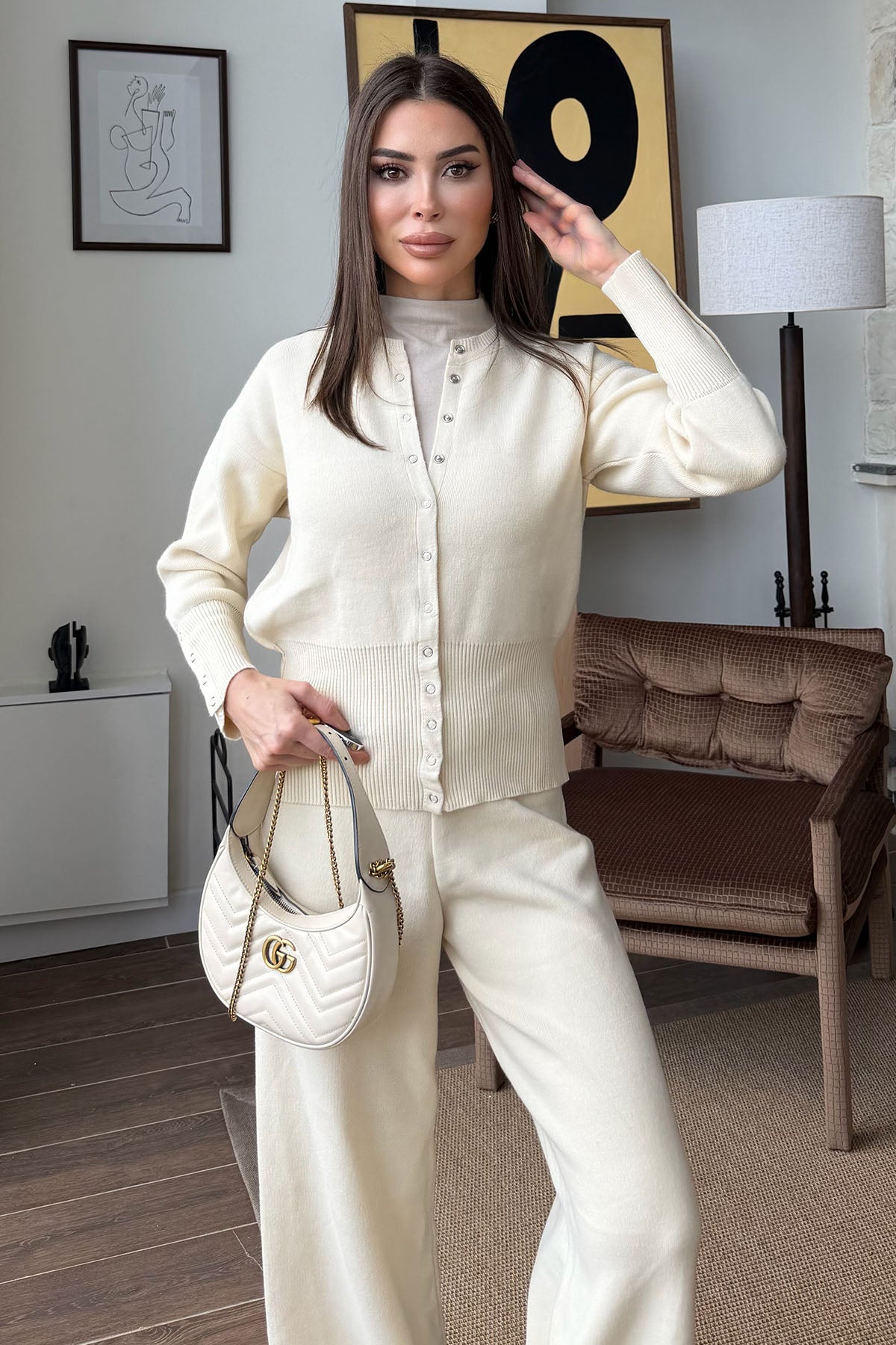 Kadın Çıtçıtlı Triko Takım Ekru