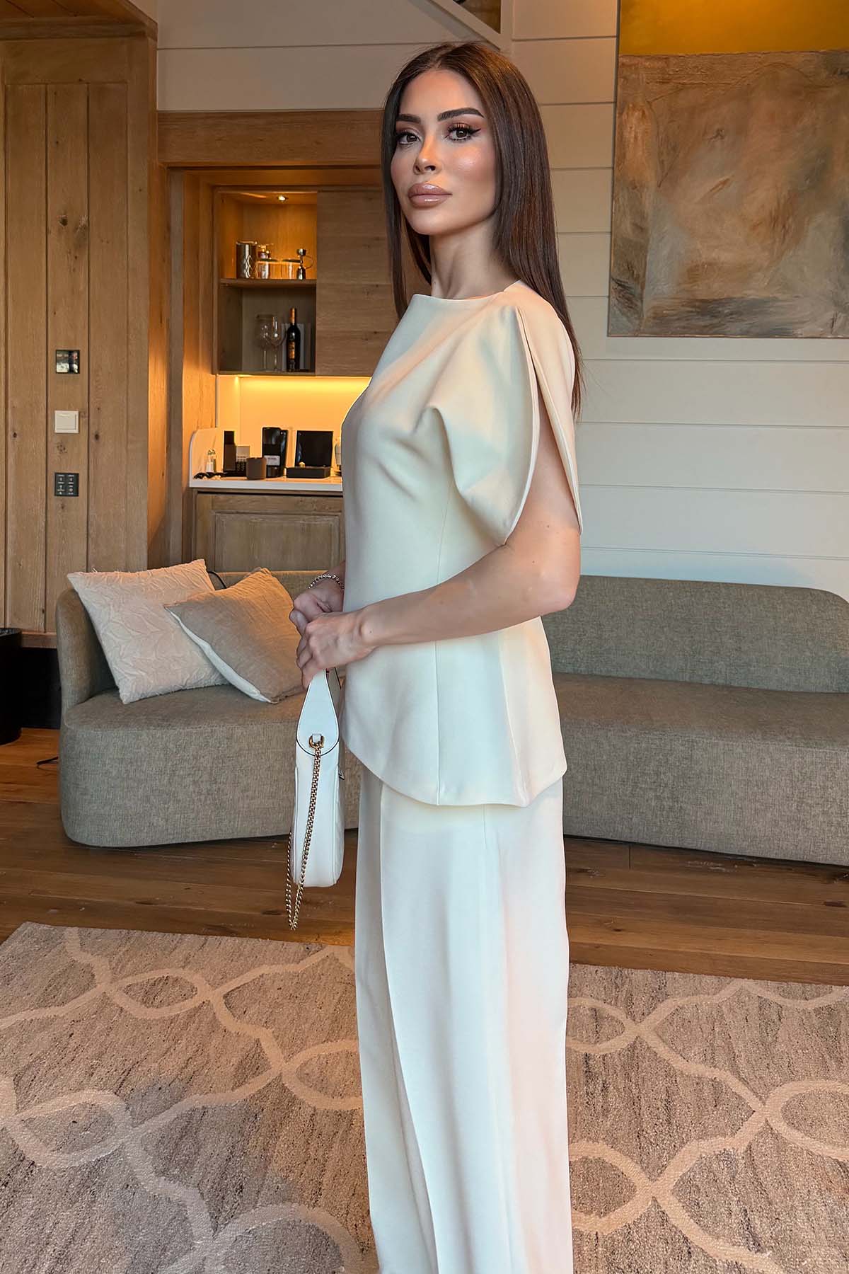 Kadın Premium Kol Detaylı Takım Ekru