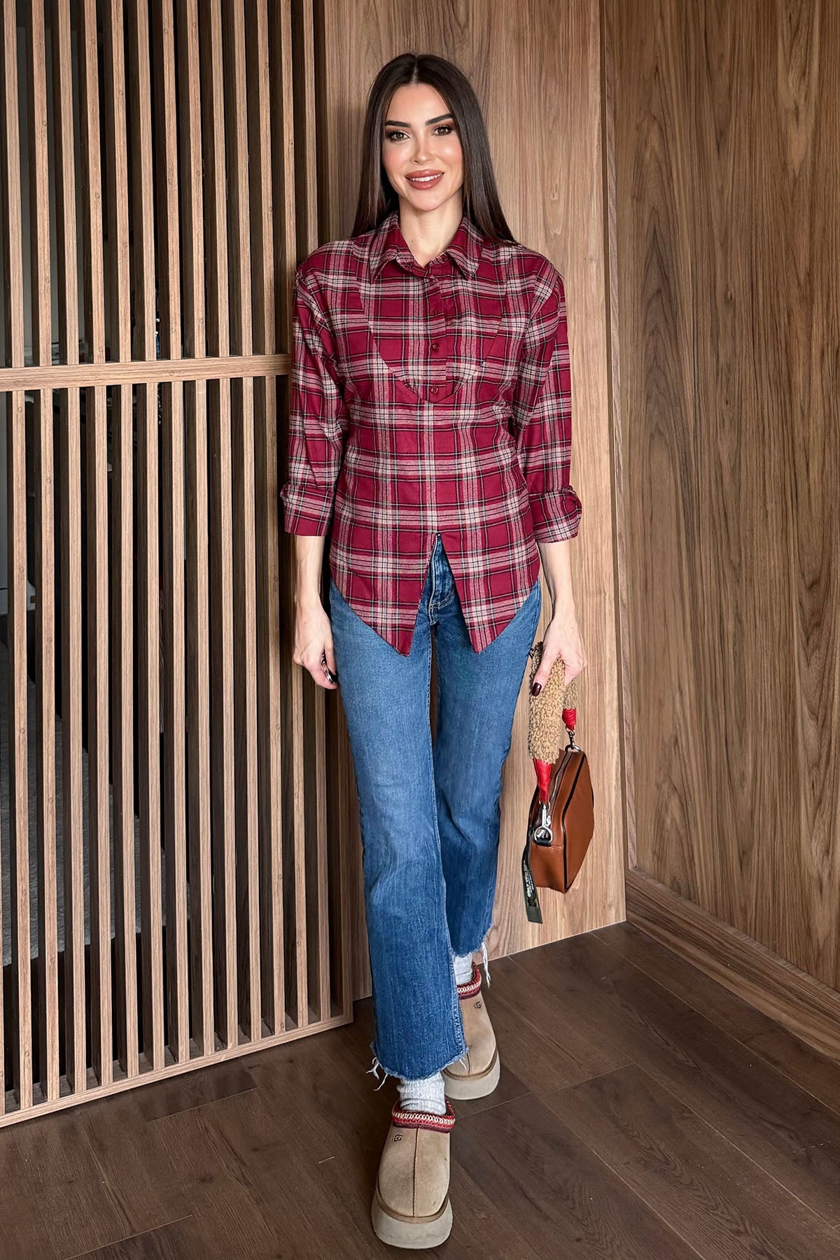 Kadın Ekose Desen Bağlamalı Gömlek Bordo