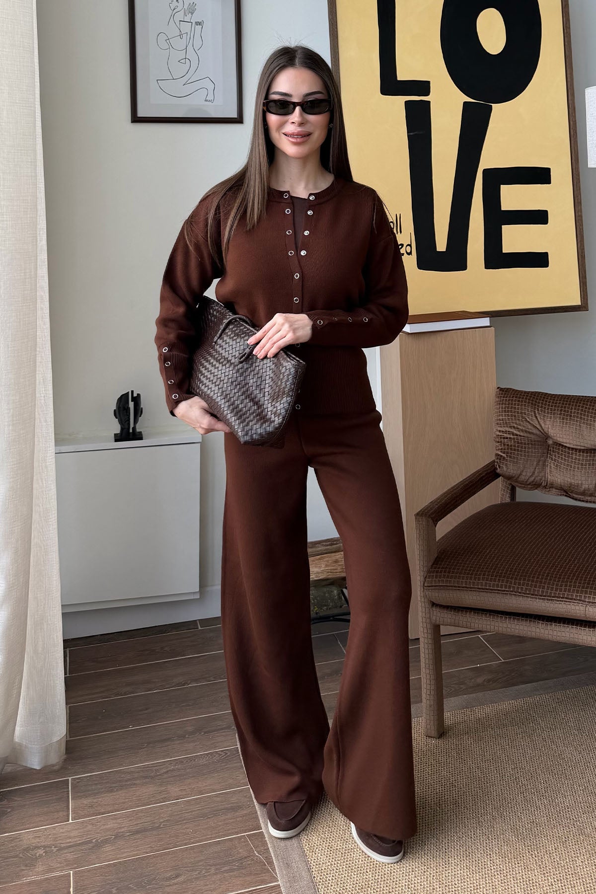 Kadın Çıtçıtlı Triko Takım Acı Kahve