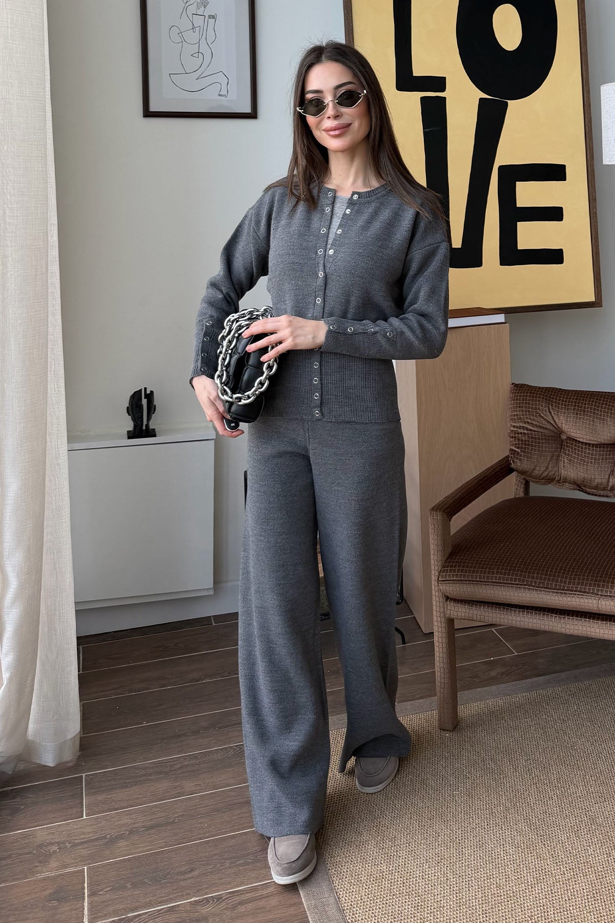 Kadın Çıtçıtlı Triko Takım Antrasit