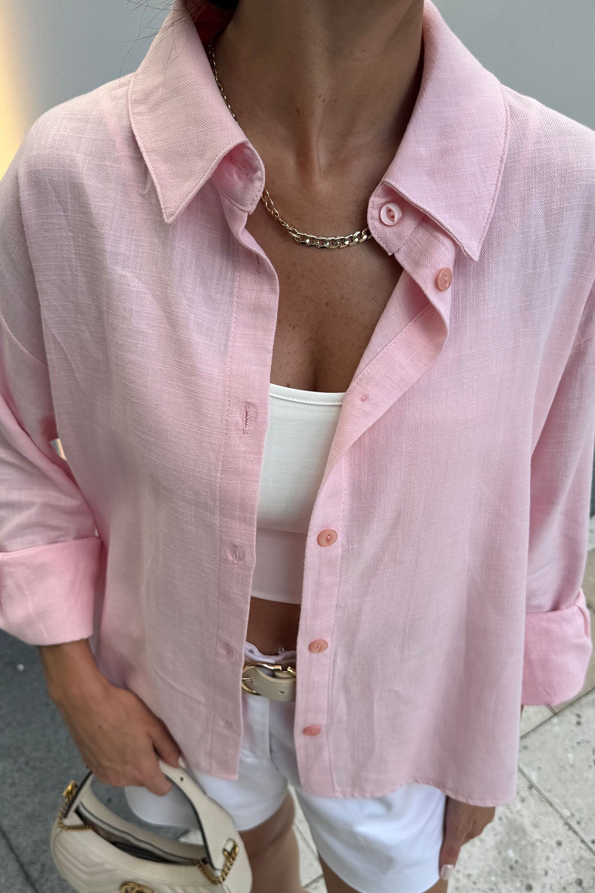 Kadın Organik Pamuk Oversize Kısa Gömlek Pembe