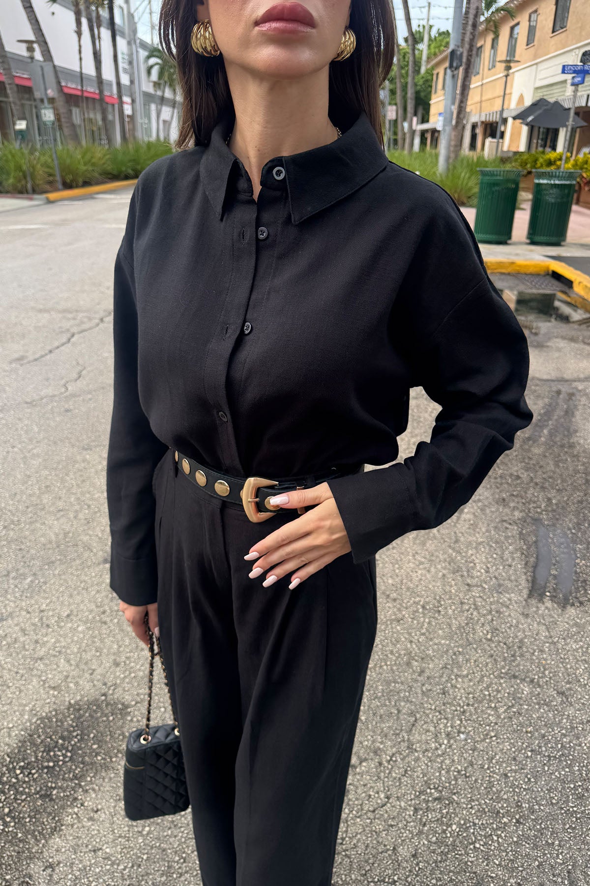 Kadın Organik Pamuk Oversize Kısa Gömlek Siyah