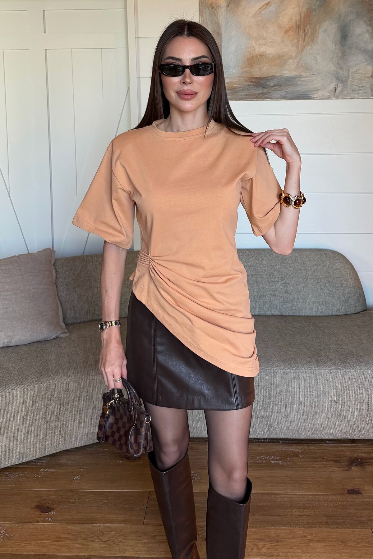 Kadın Vatkalı Yan Pile Detaylı Kısa Kol Bluz Somon