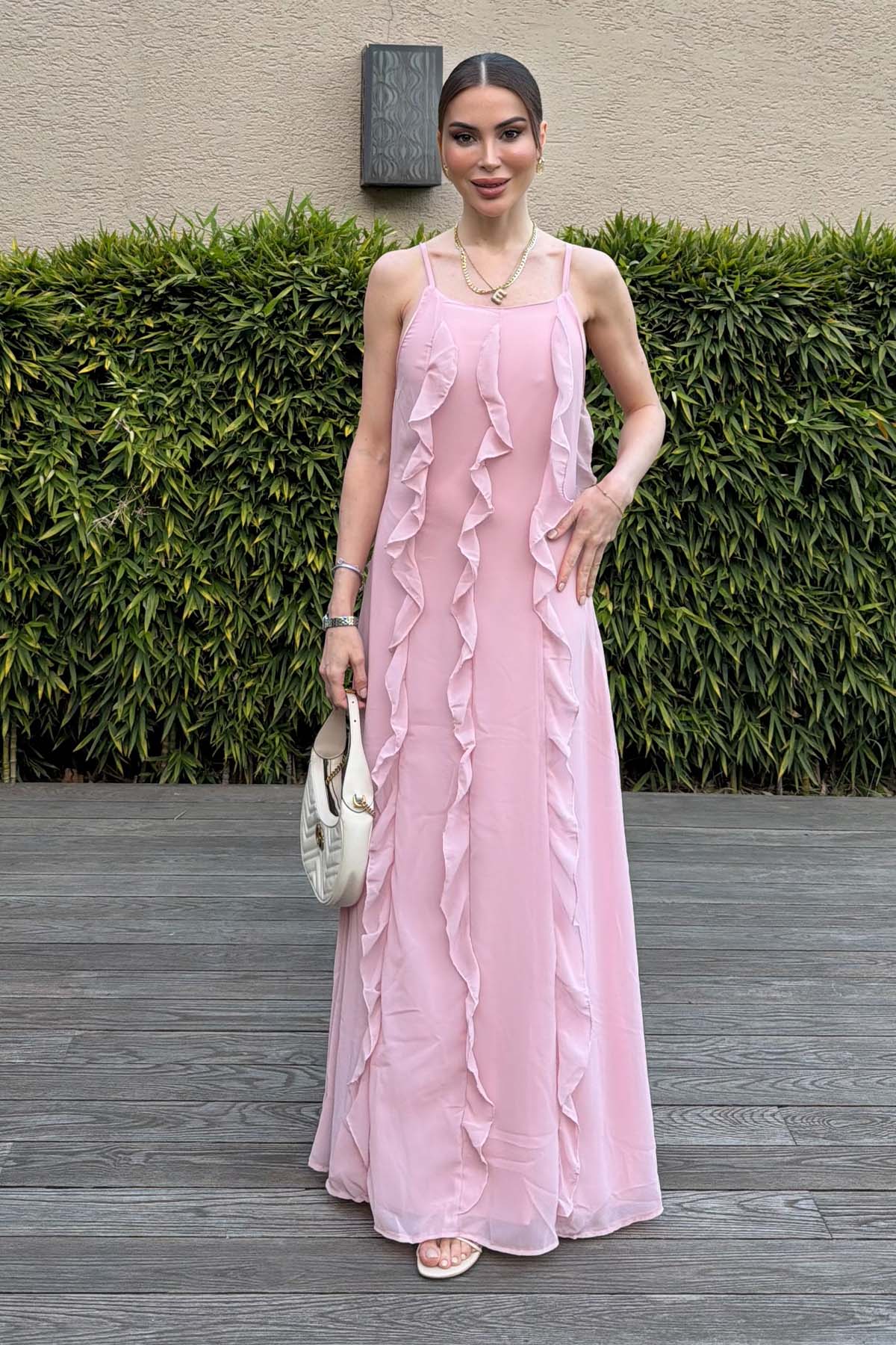 Kadın İnce Askılı Fırfırlı Uzun Elbise Pembe