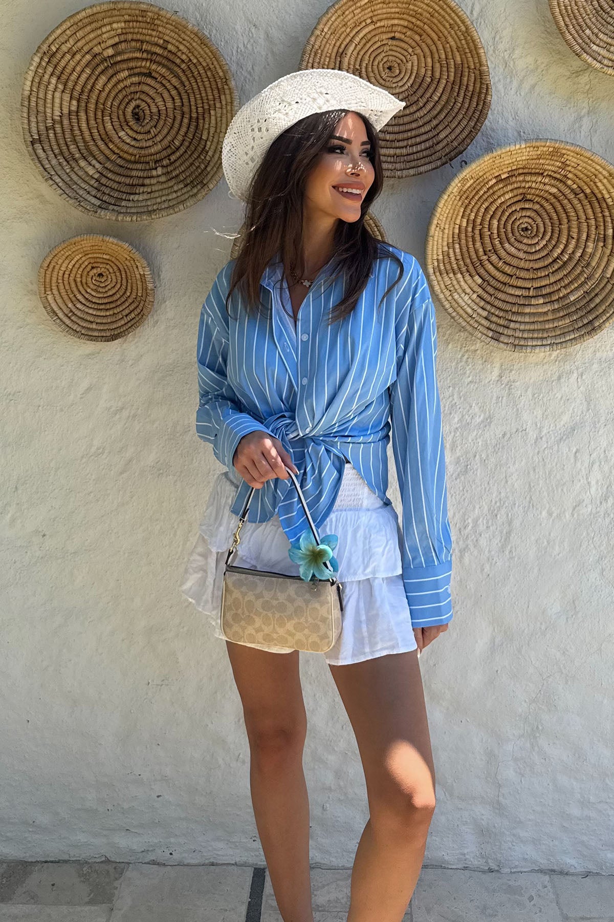 Kadın Poplin Basic Gömlek Çizgili Mavi