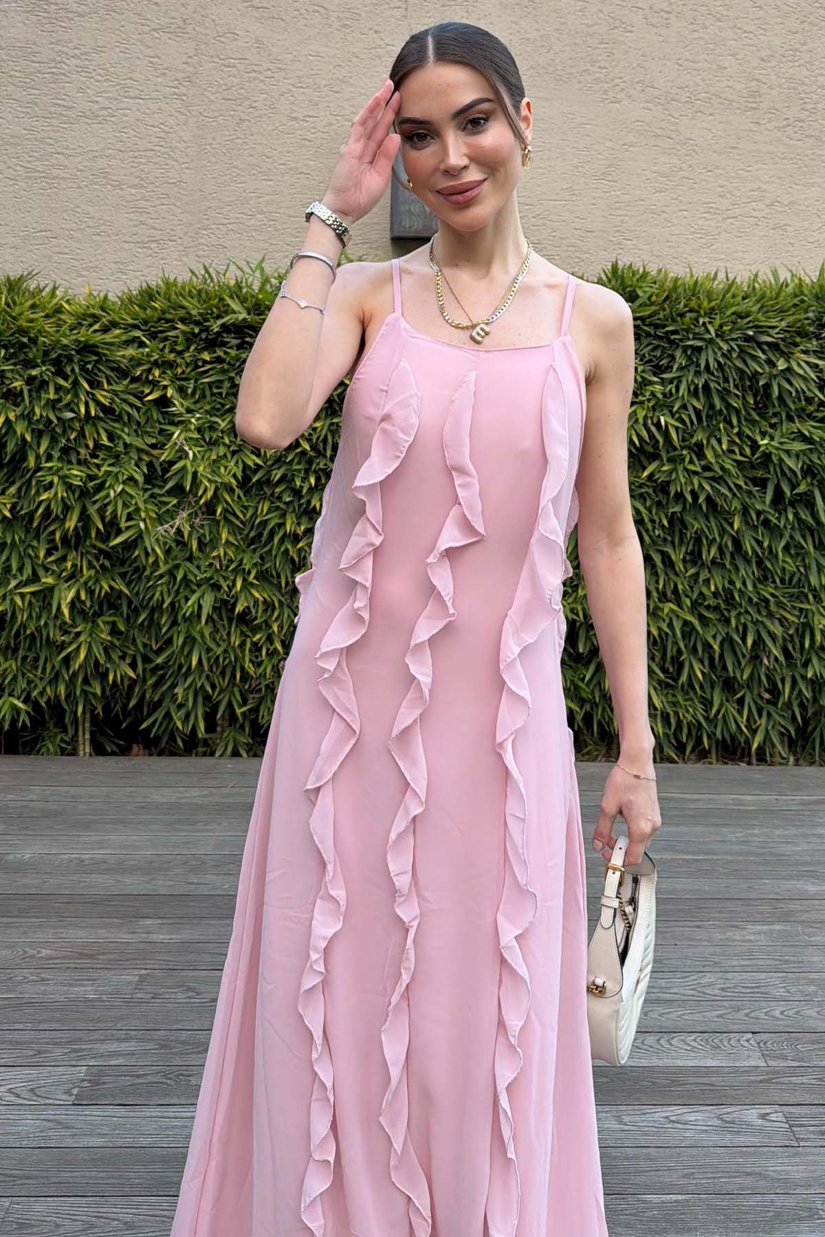 Kadın İnce Askılı Fırfırlı Uzun Elbise Pembe