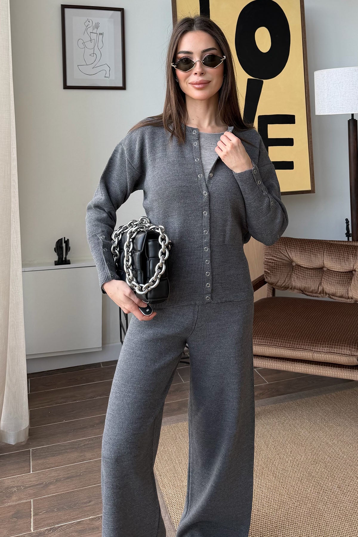 Kadın Çıtçıtlı Triko Takım Antrasit