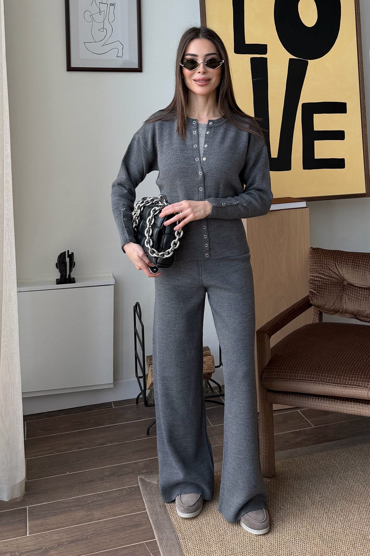 Kadın Çıtçıtlı Triko Takım Antrasit