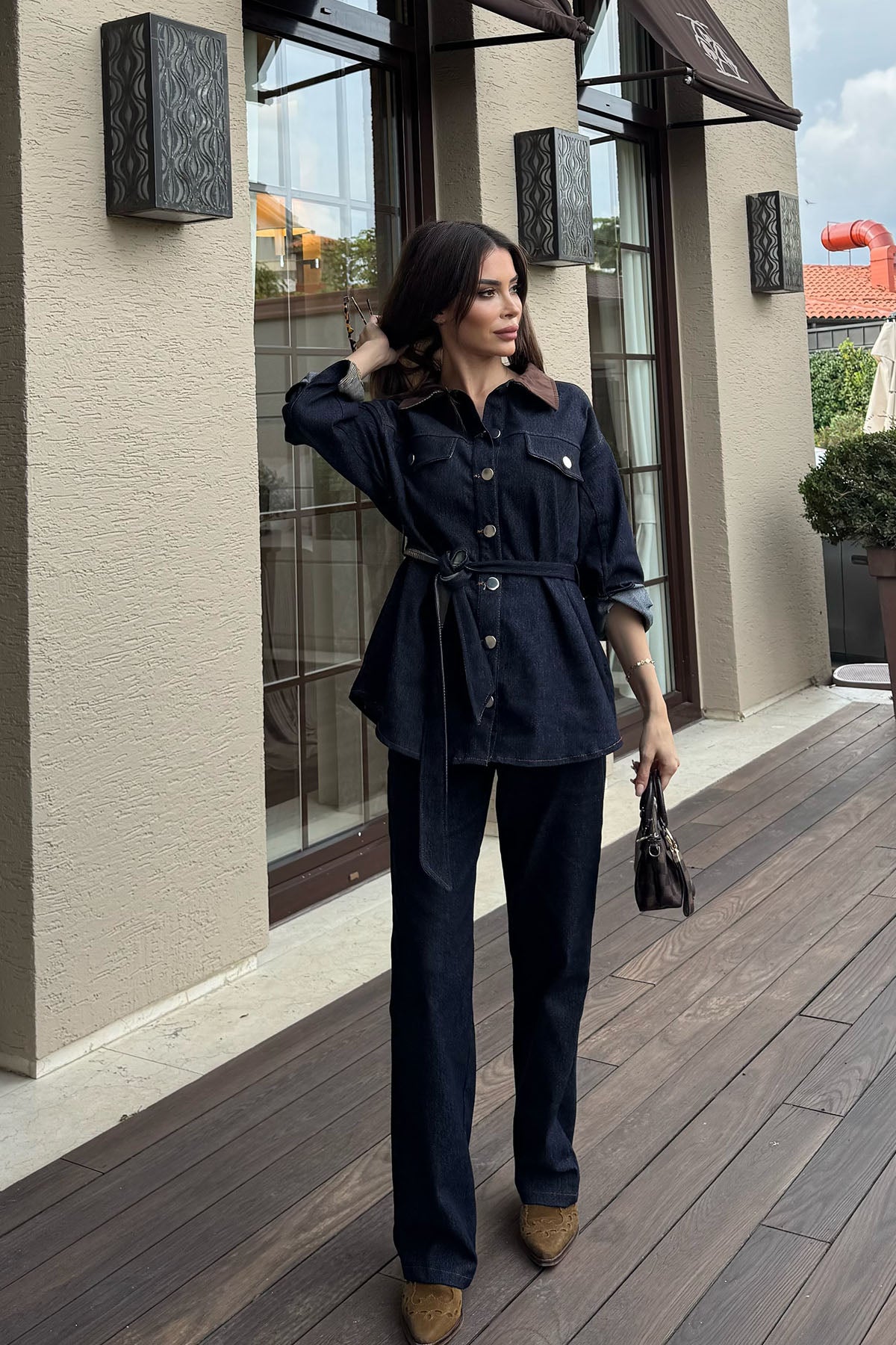 Kadın Denim Pantolunlu Takım Koyu Lacivert