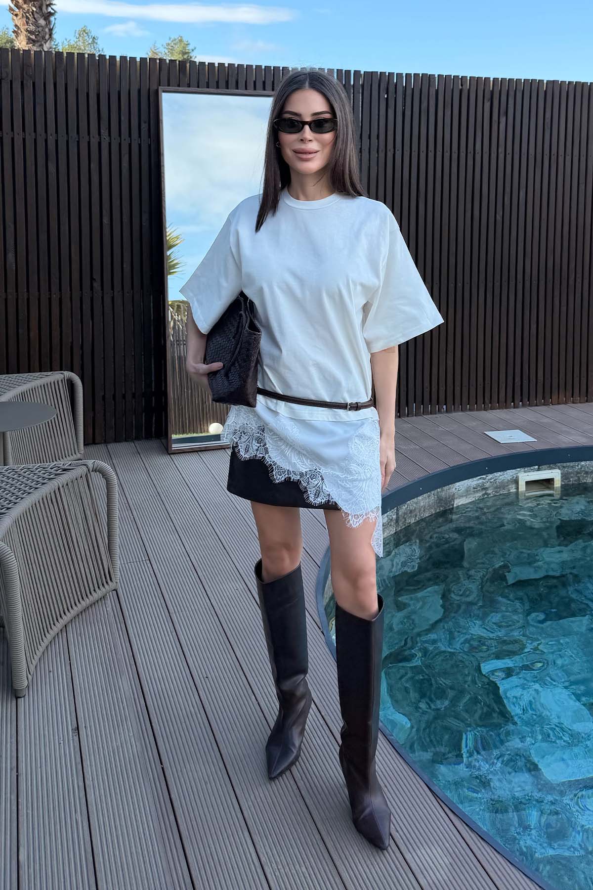 Kadın Oversize Dantel Tişört Ekru