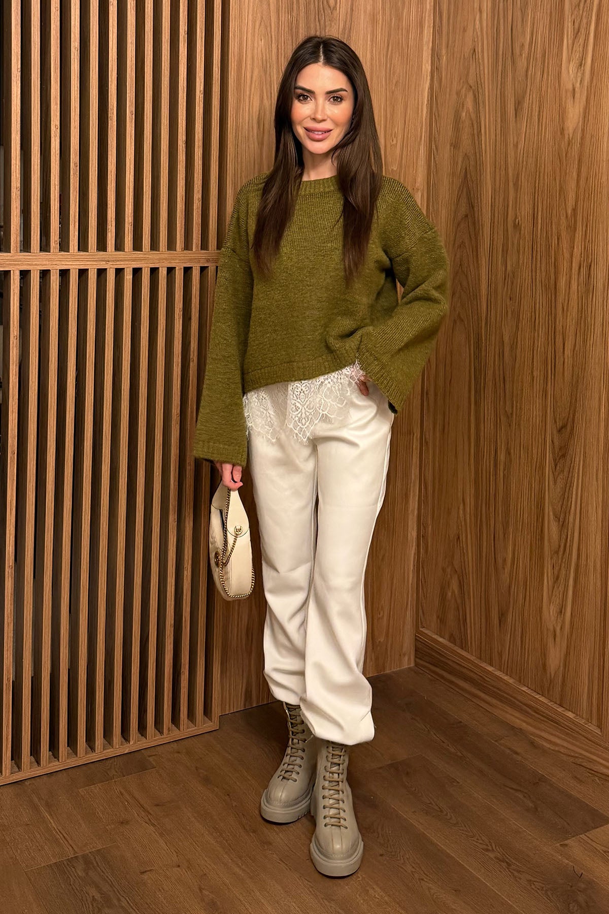 Kadın Dantel Detaylı Basic Kazak Yeşil