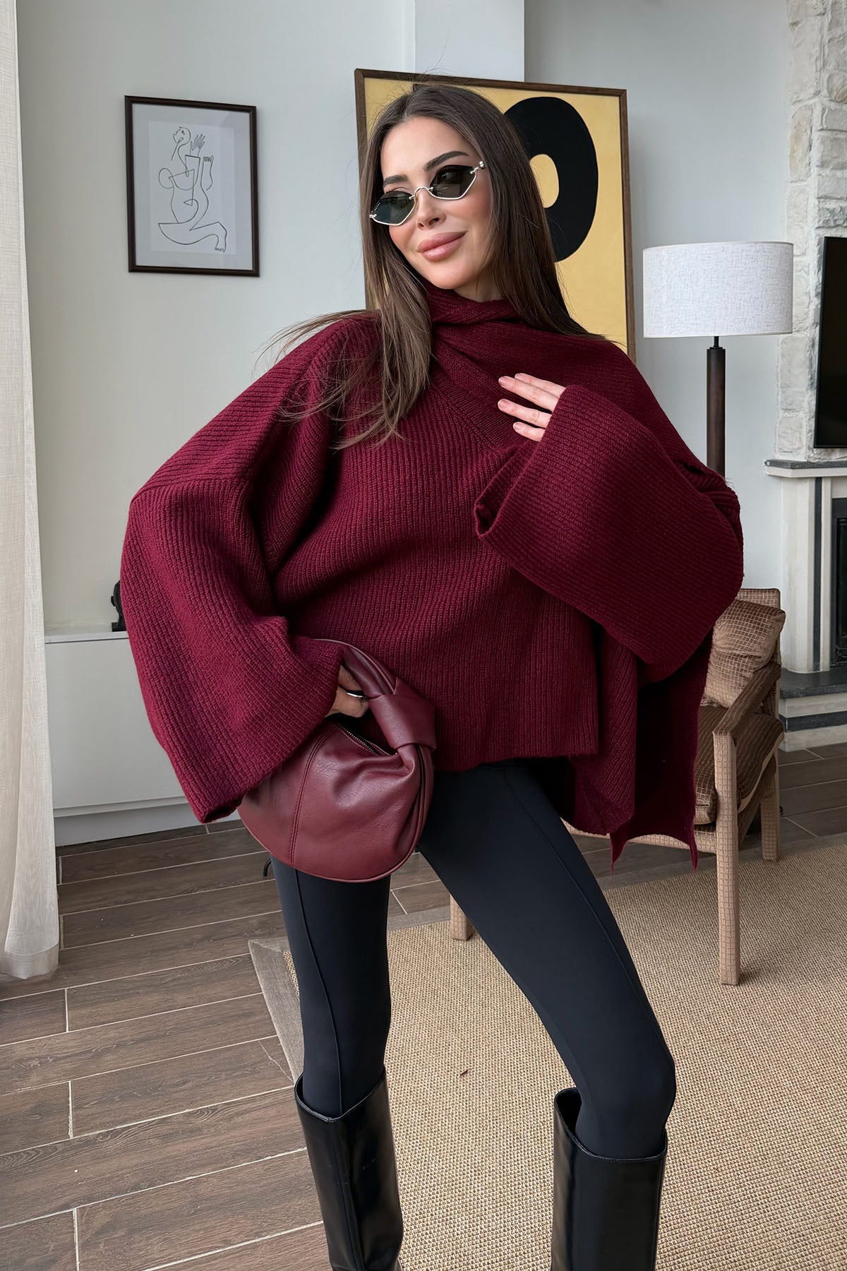 Kadın Atkılı Kazak Bordo