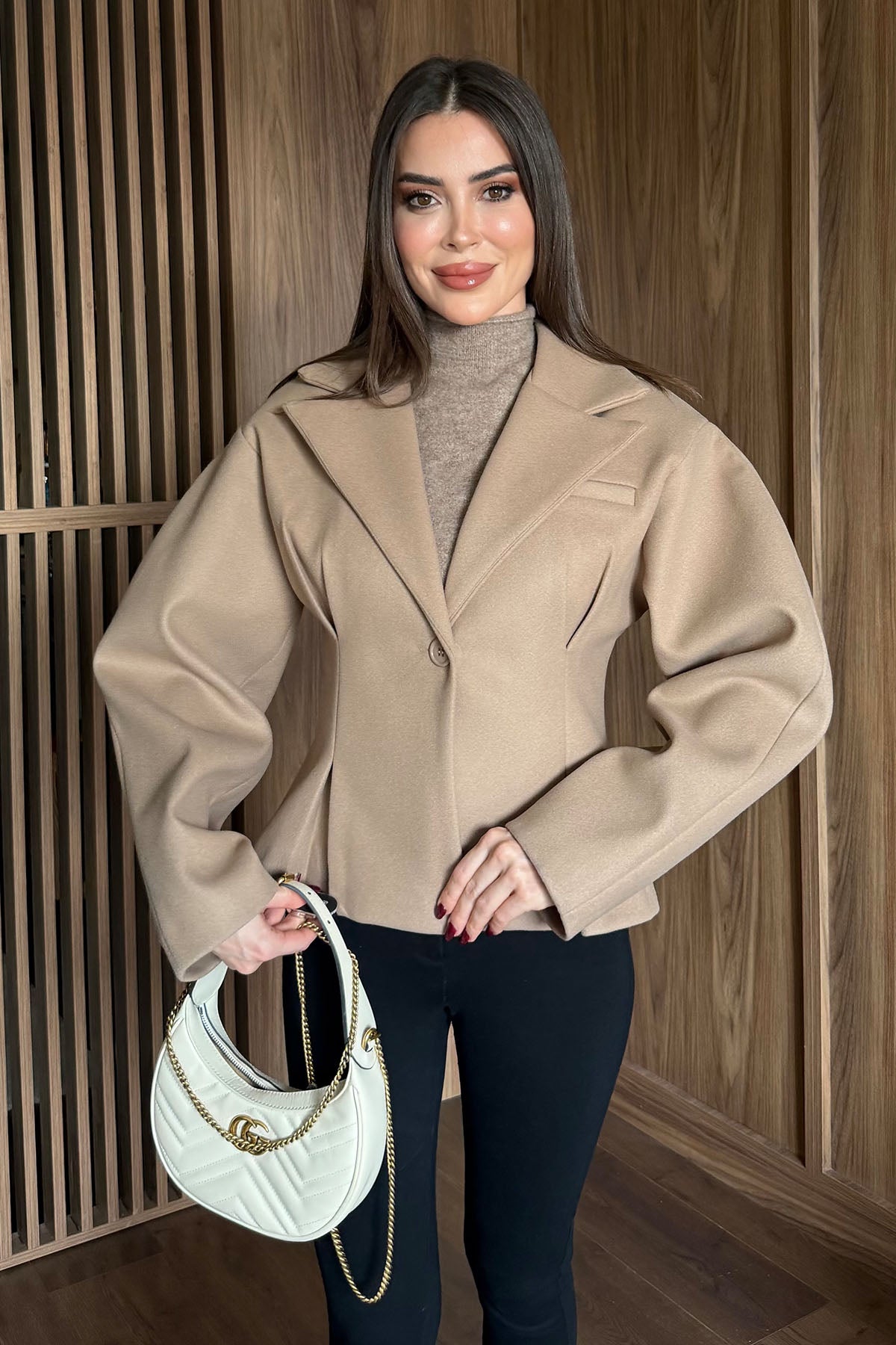 Kadın Bel Detaylı Kaşe Kaban Bej