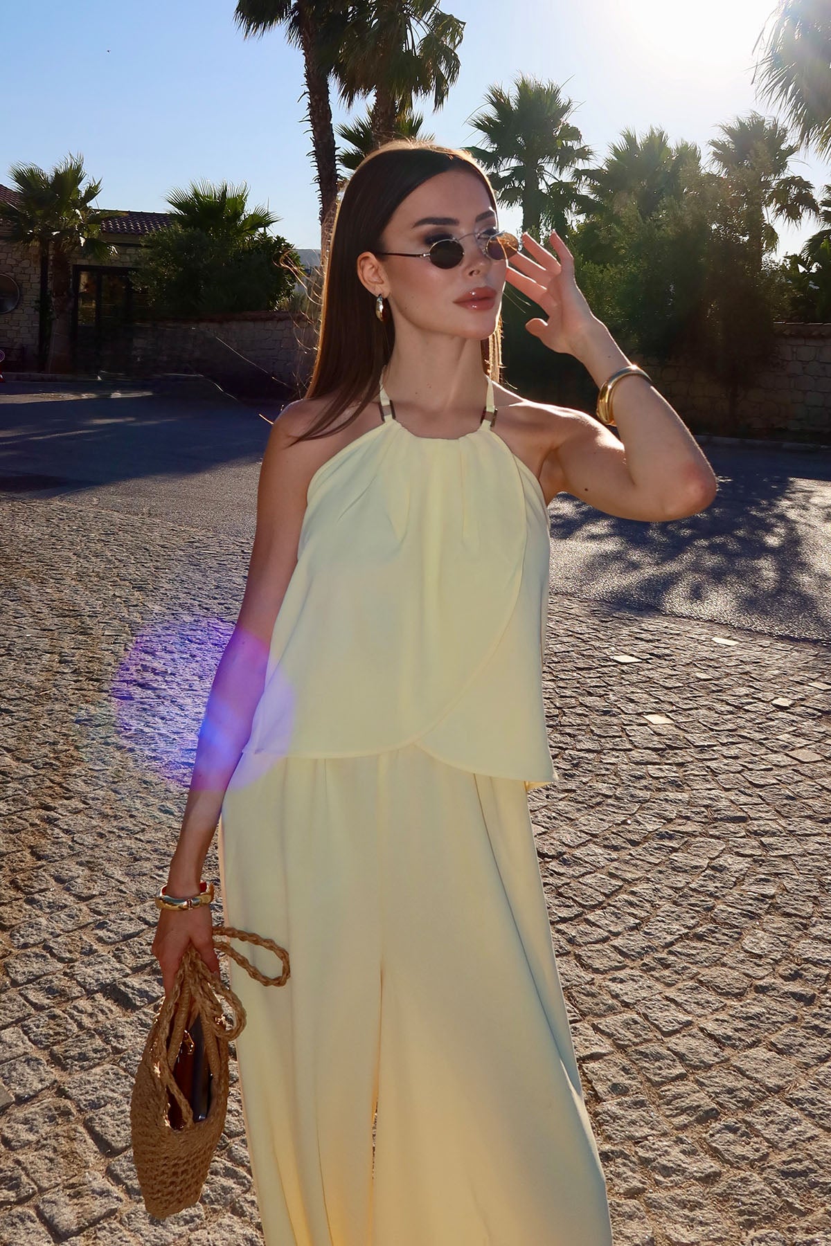 Kadın Halter Yaka Bluz Pantolon Takım Tereyağı