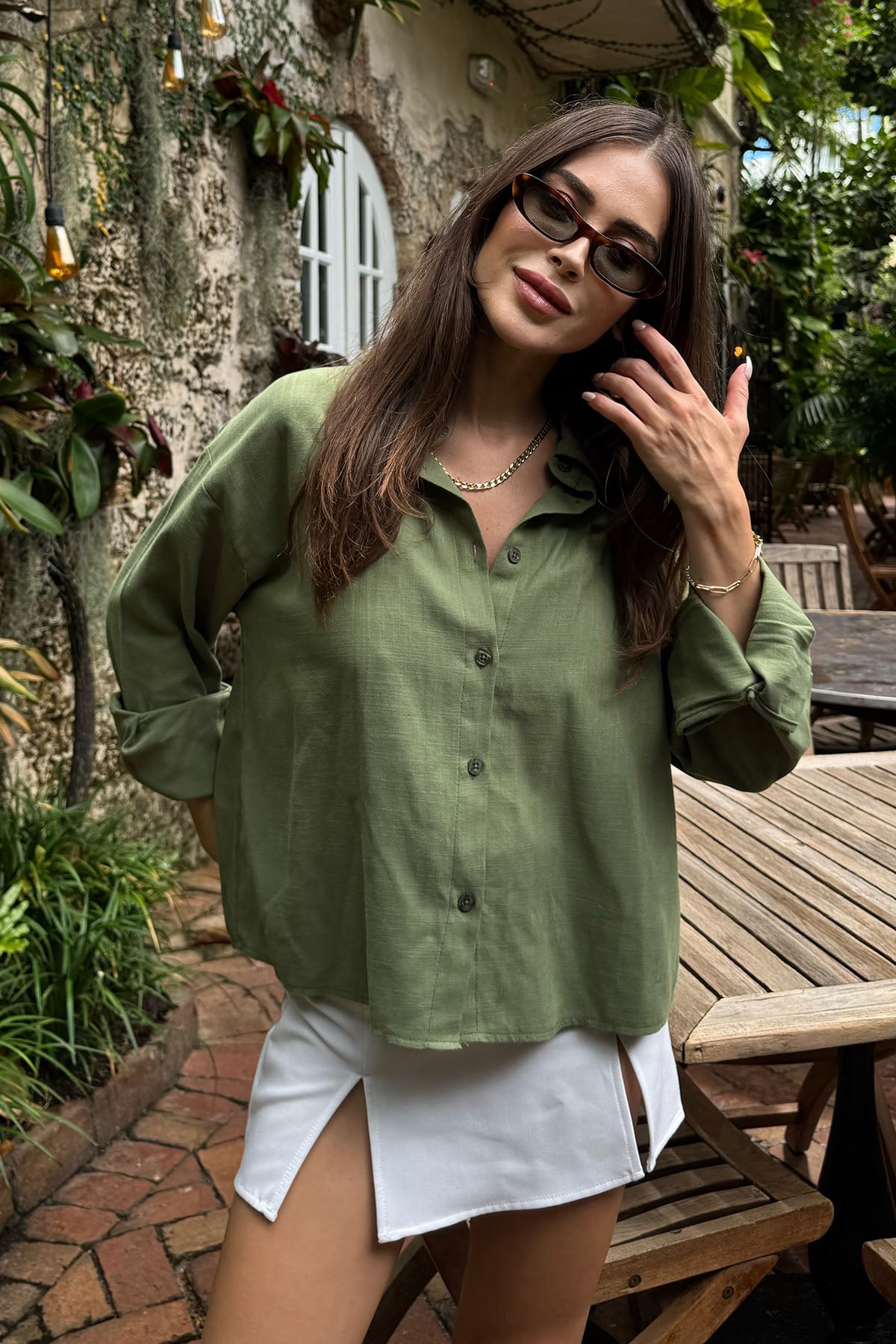 Kadın Organik Pamuk Oversize Kısa Gömlek Yeşil