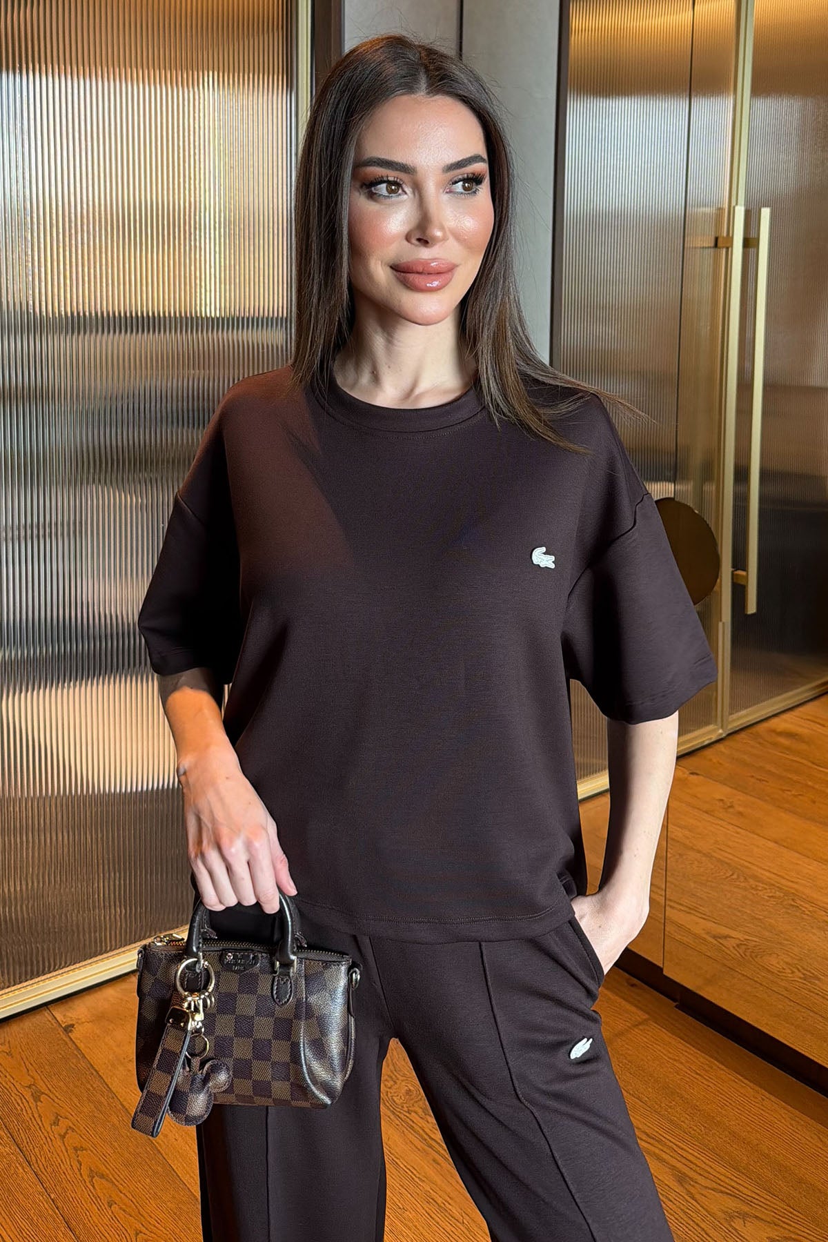 Kadın Nervür Detaylı İkili Rahat Takım Acı Kahve