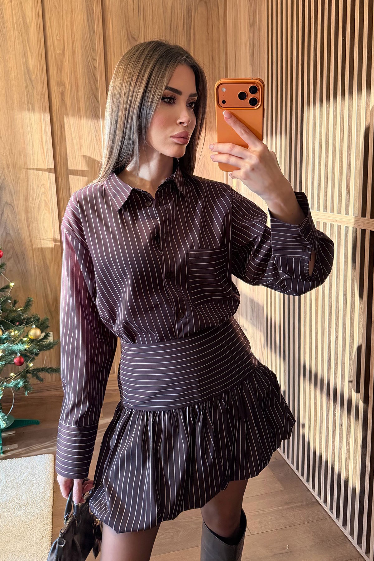 Kadın Çizgili Şort Etek Detaylı Takım Kahve