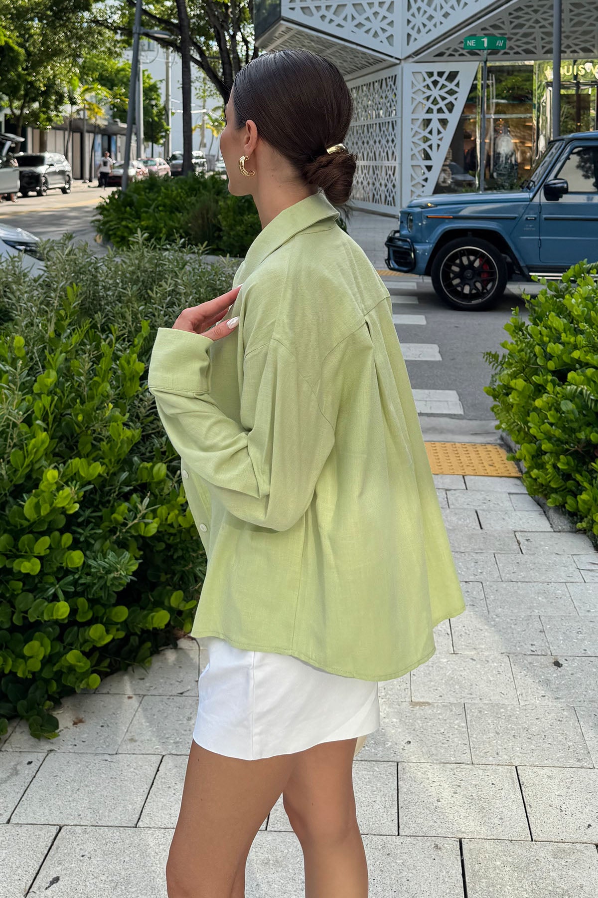 Kadın Organik Pamuk Oversize Kısa Gömlek Uçuk Yeşil