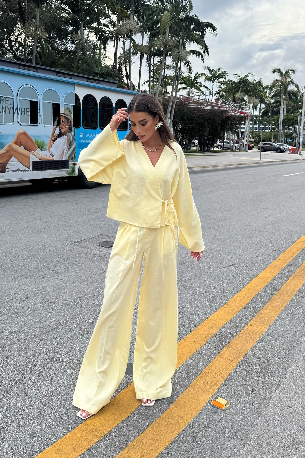 Kadın Organik Pamuk Pileli Palazzo Pantolon Tereyağı