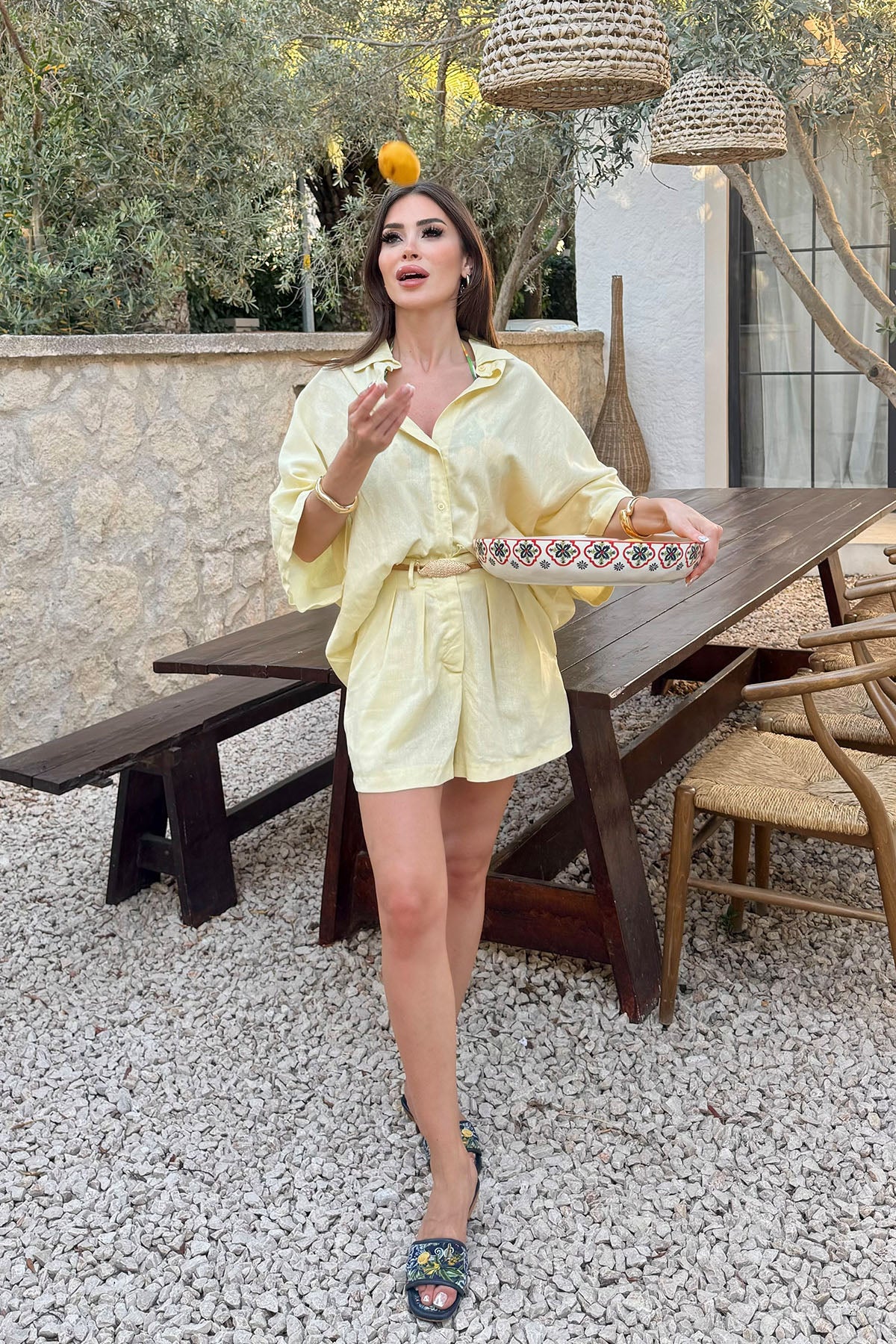 Kadın İkili Keten Takım Sarı