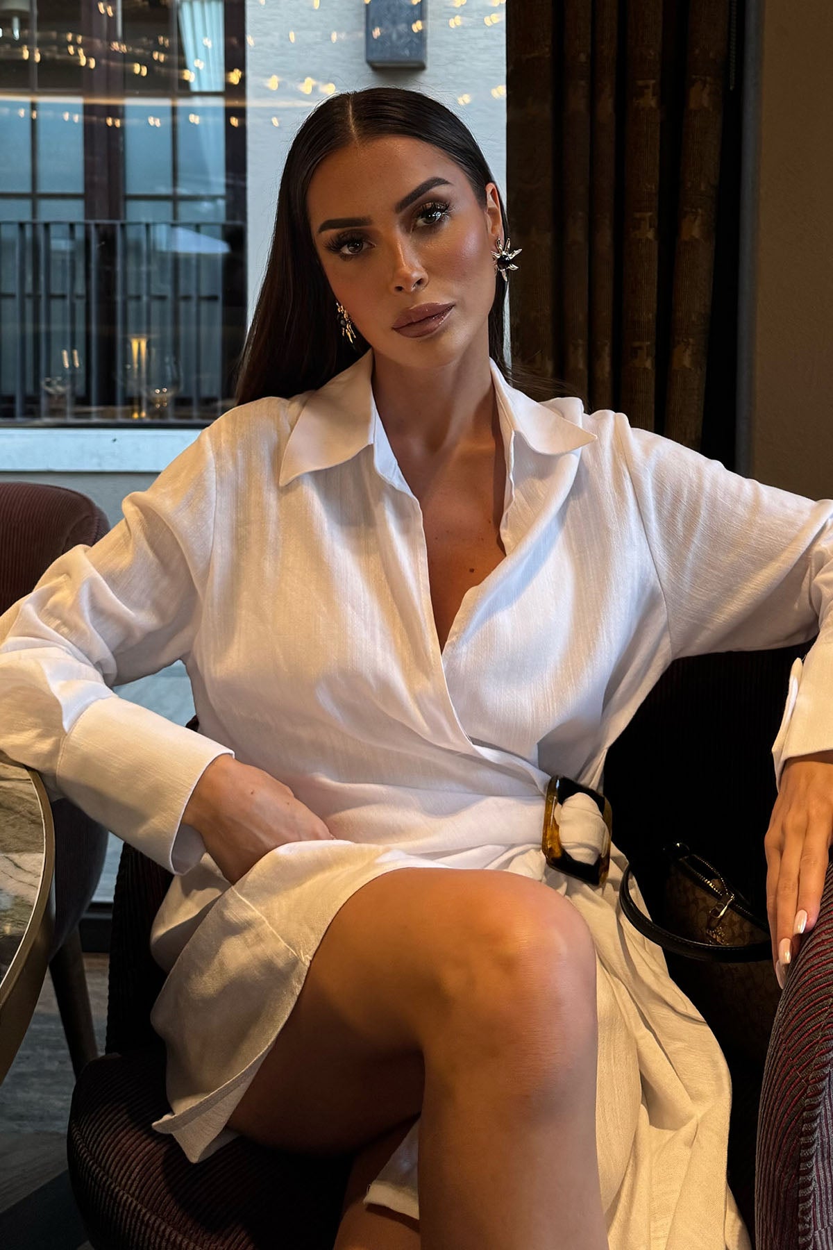 Kadın Toka Detaylı Kruvaze Elbise Beyaz