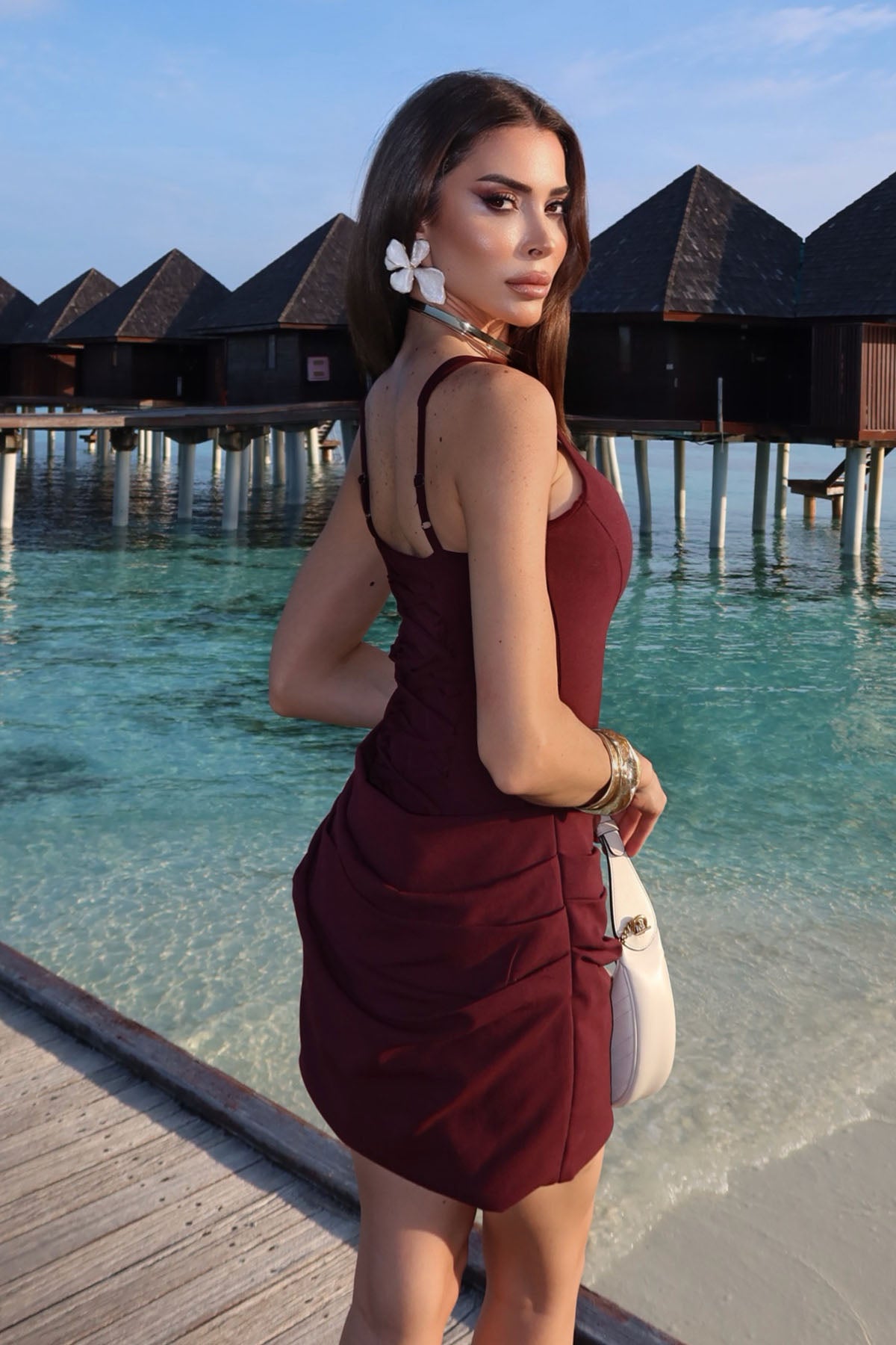Kadın Drape Detaylı Arkası Biritli Mini Elbise Bordo