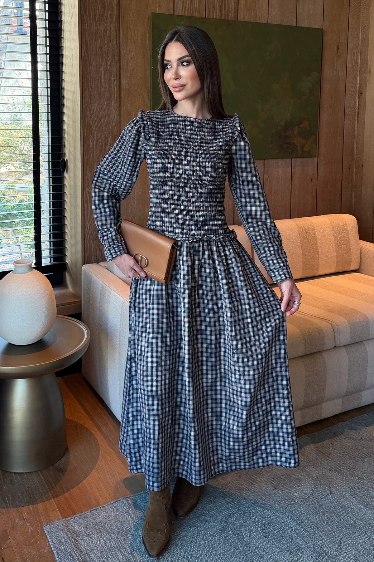 Kadın Gipe Detaylı Maksi Elbise Lacivert