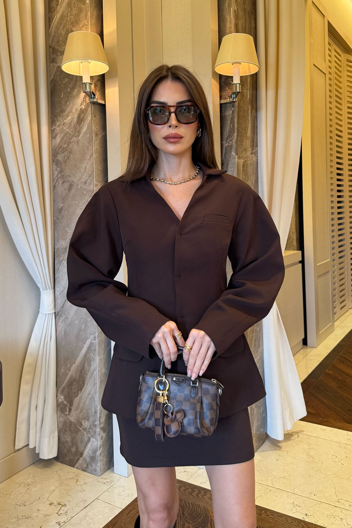 Kadın Blazer Etekli Takım Kahverengi