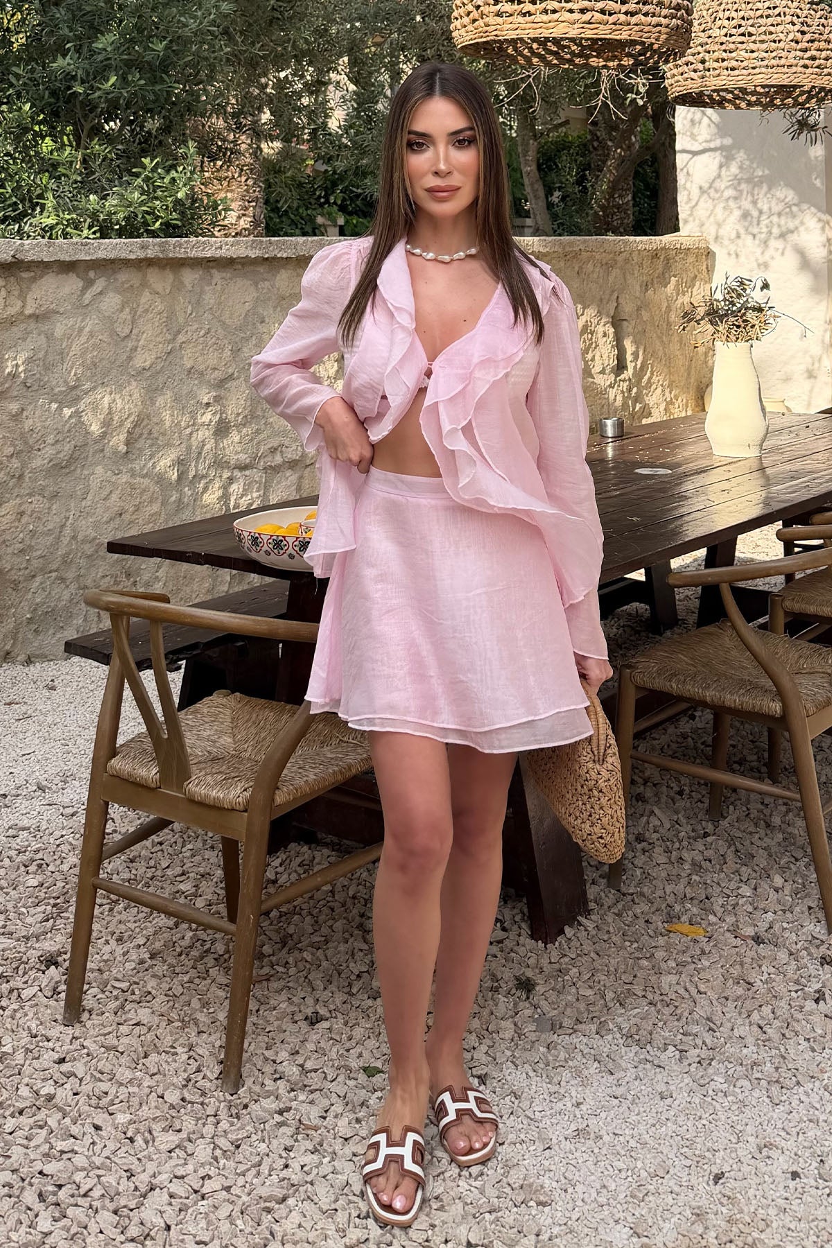 Kadın Fırfırlı Etekli Takım Pembe